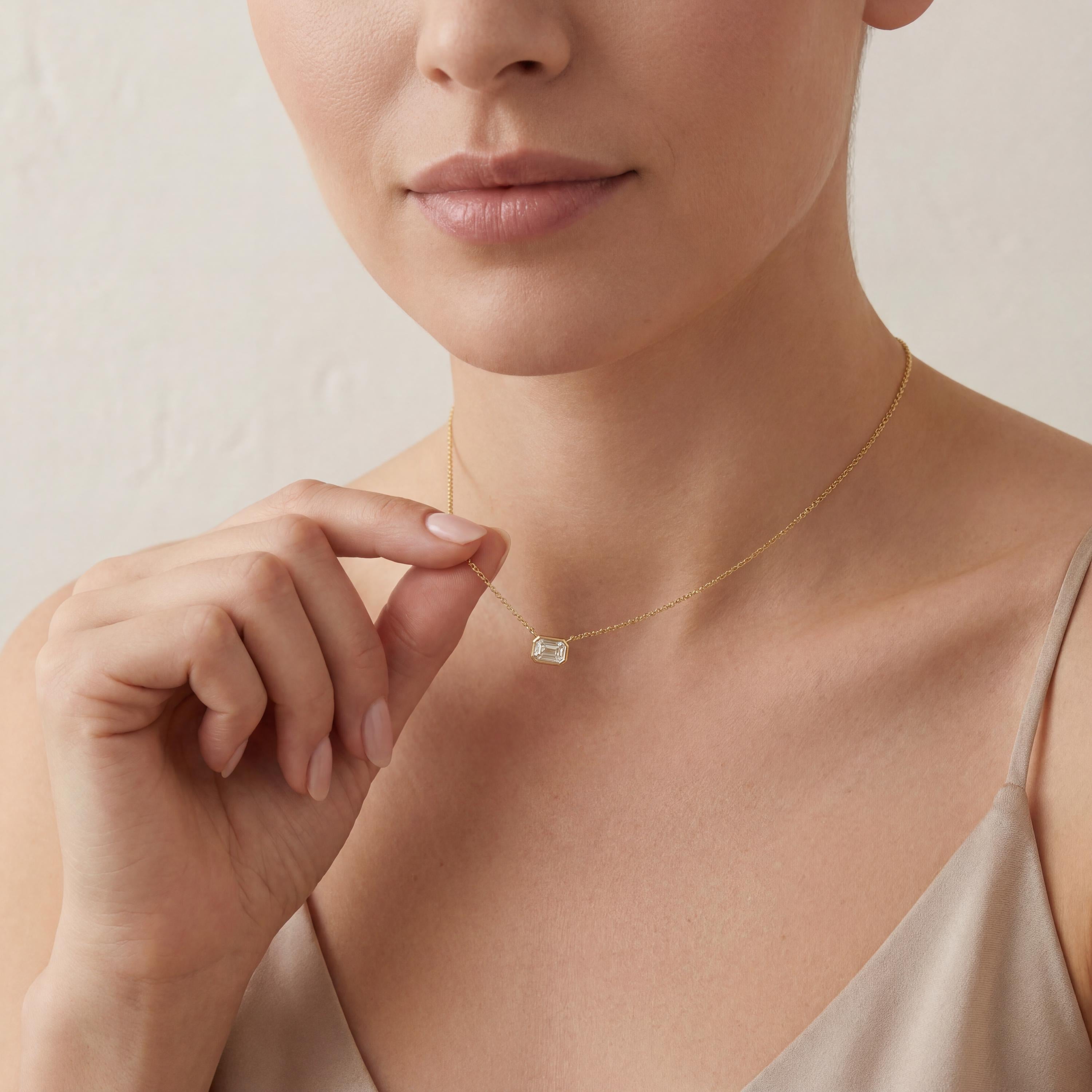 Emerald Cut Diamond Bezel Set Dainty Solitaire 14K Solid Gold Pendant Necklace