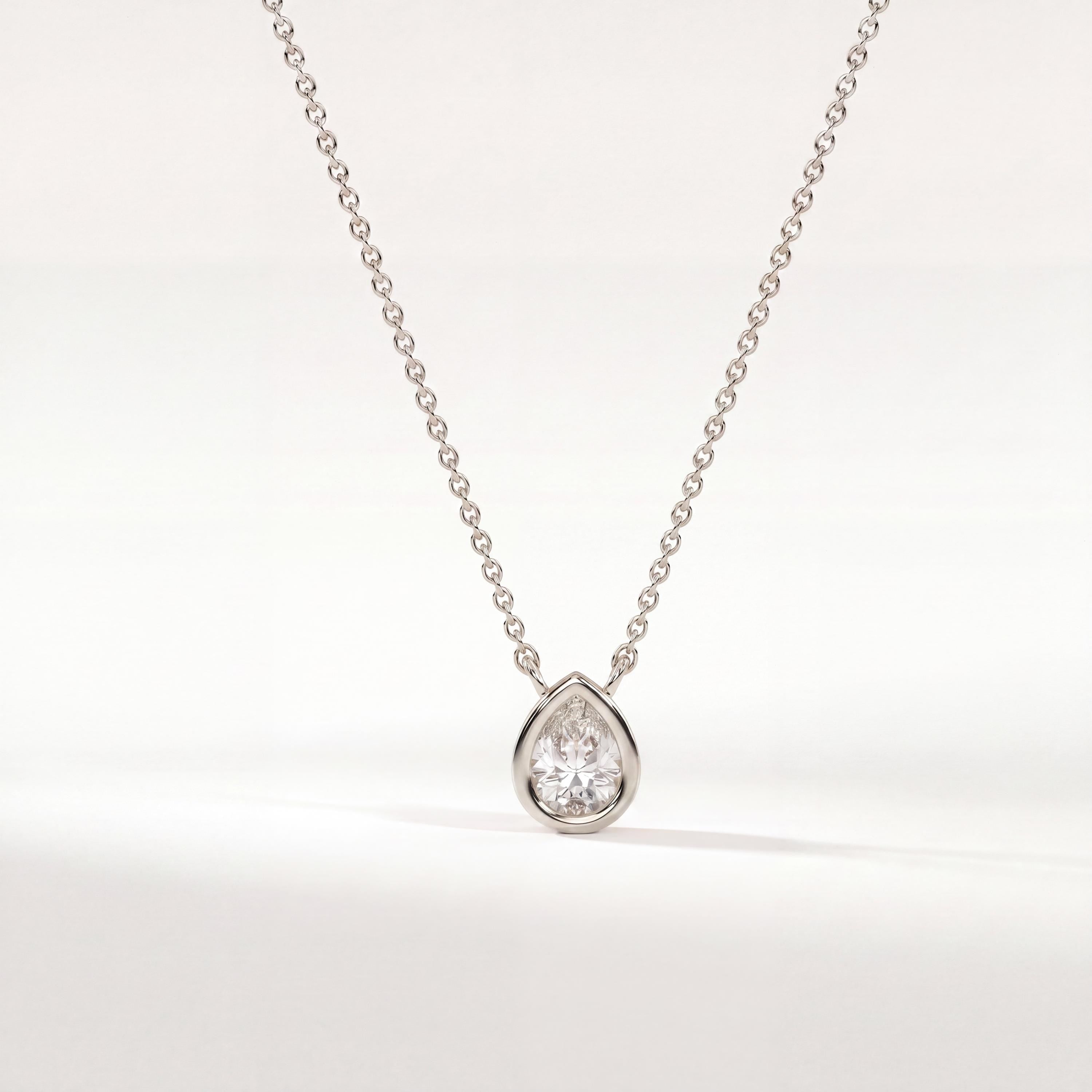 Pear Shape Diamond Bezel Set Dainty Solitaire 14K Solid Gold Pendant Necklace