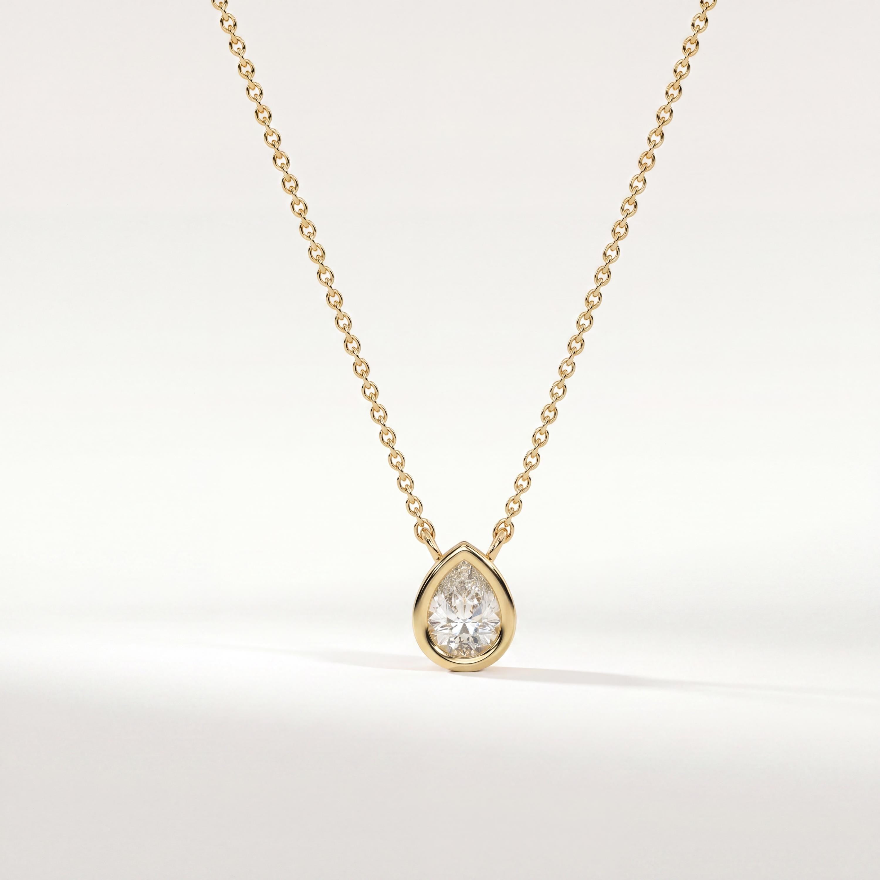 Pear Shape Diamond Bezel Set Dainty Solitaire 14K Solid Gold Pendant Necklace