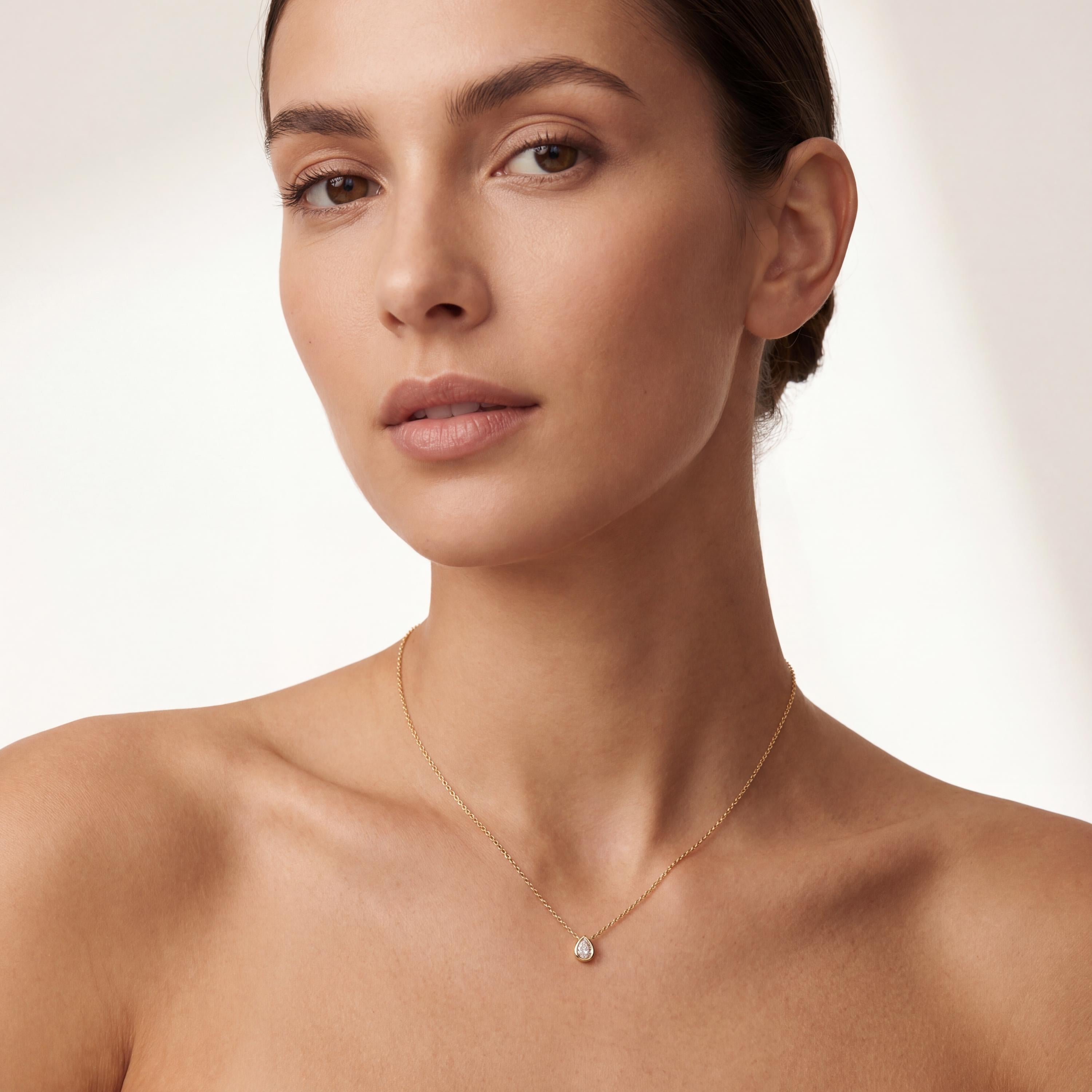 Pear Shape Diamond Bezel Set Dainty Solitaire 14K Solid Gold Pendant Necklace
