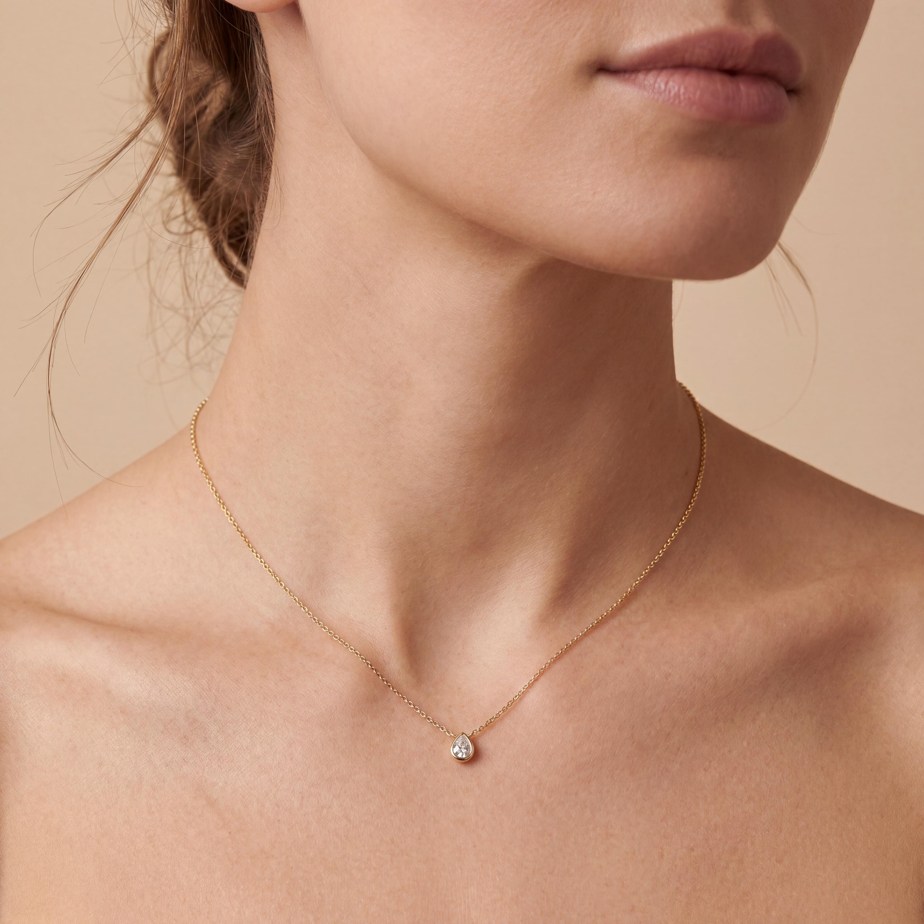 Pear Shape Diamond Bezel Set Dainty Solitaire 14K Solid Gold Pendant Necklace