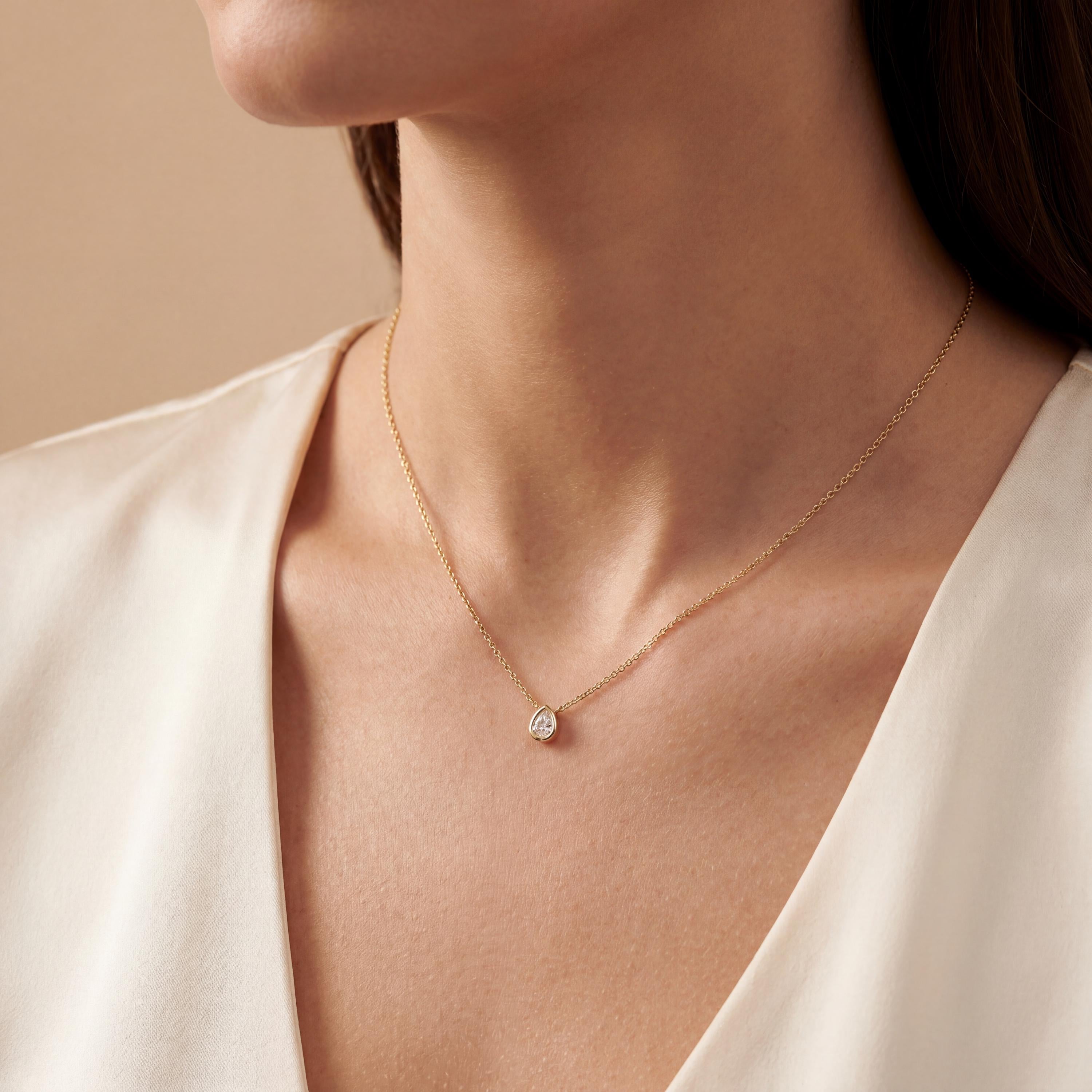 Pear Shape Diamond Bezel Set Dainty Solitaire 14K Solid Gold Pendant Necklace