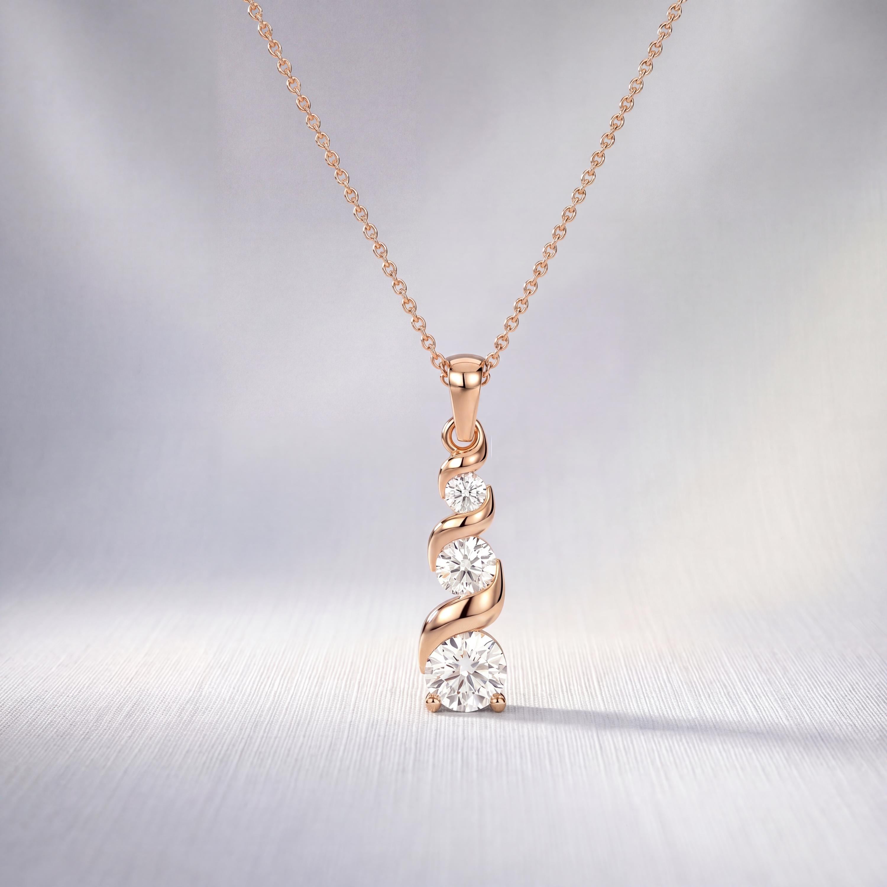 Round Diamond Three Stone Graduated Drop Necklace 14K Solid Gold Pendant