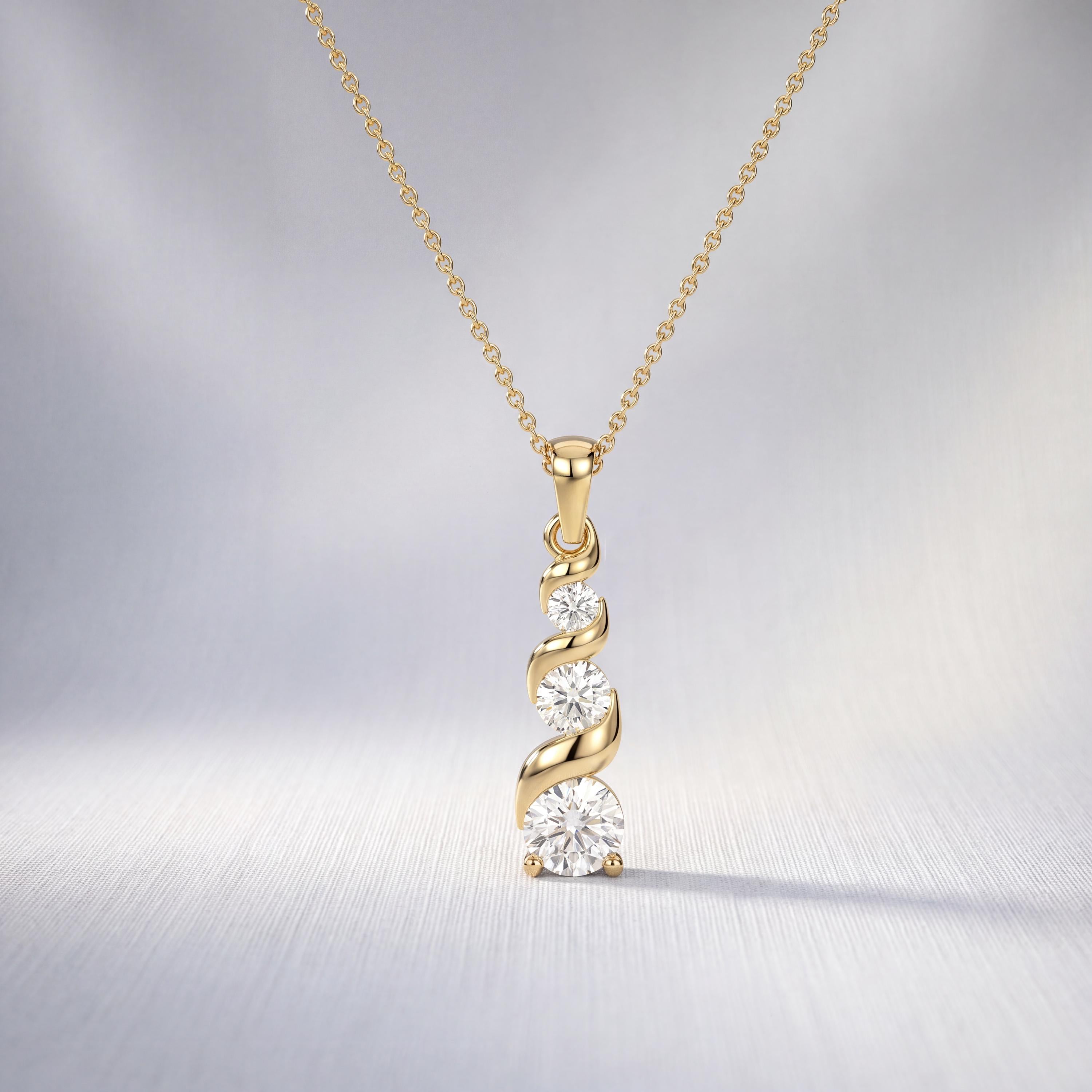 Round Diamond Three Stone Graduated Drop Necklace 14K Solid Gold Pendant
