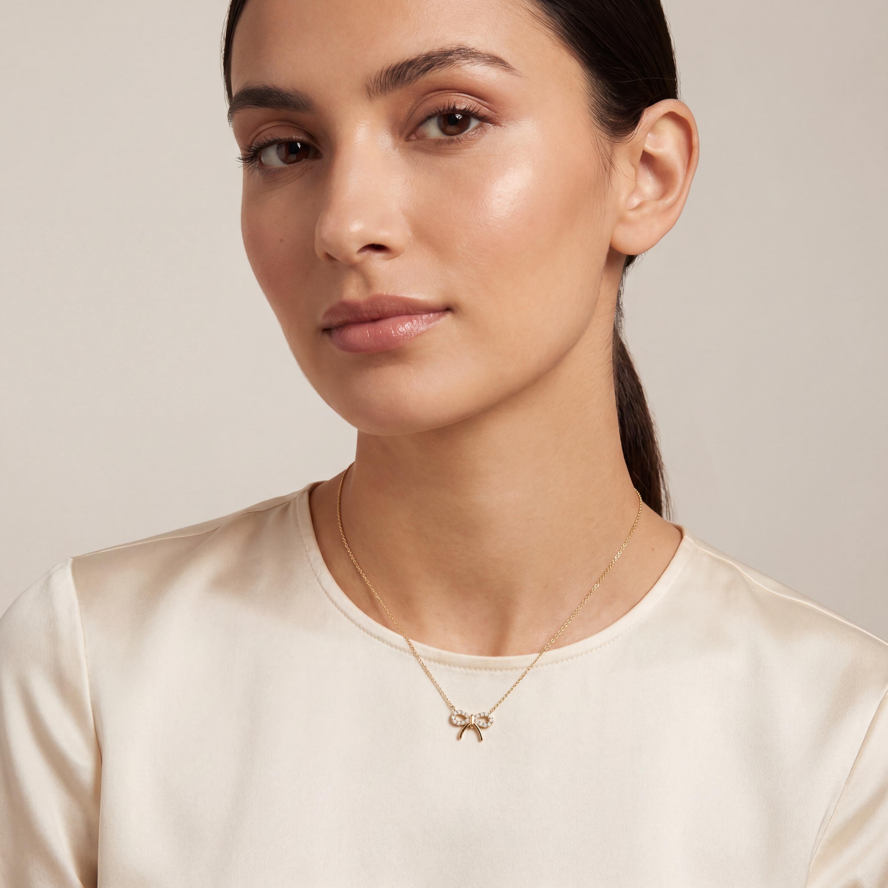 Round Pave Diamond Dainty Bow 14K Solid Gold Pendant Necklace