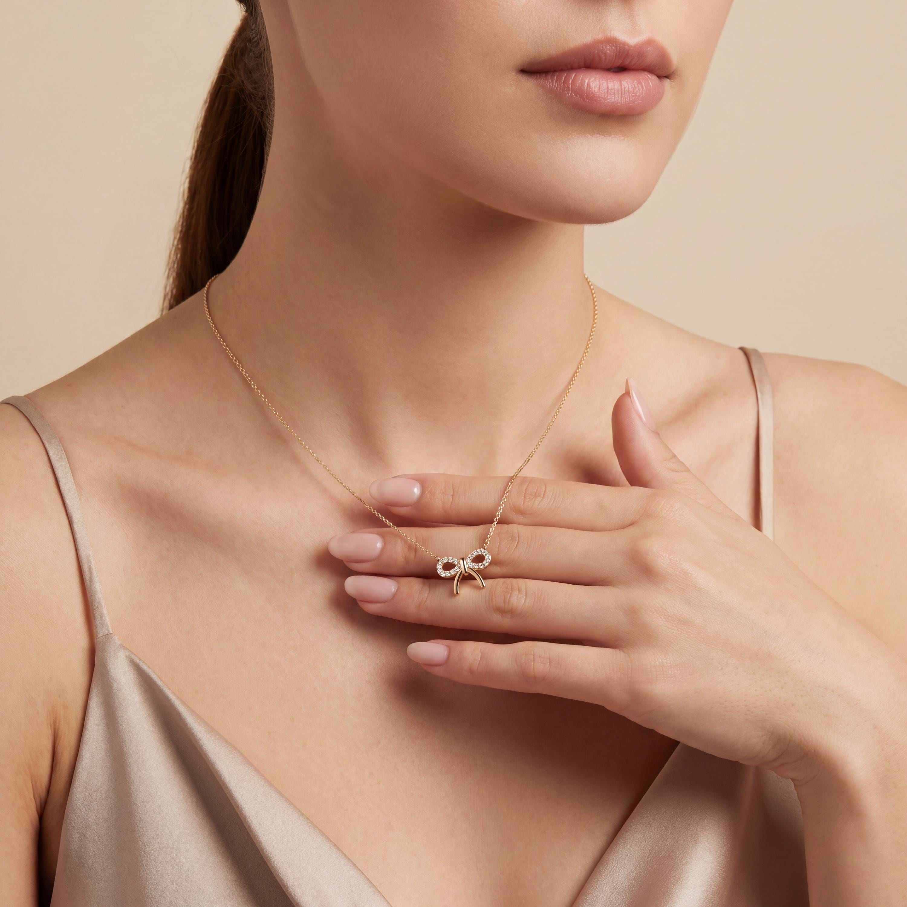 Round Pave Diamond Dainty Bow 14K Solid Gold Pendant Necklace