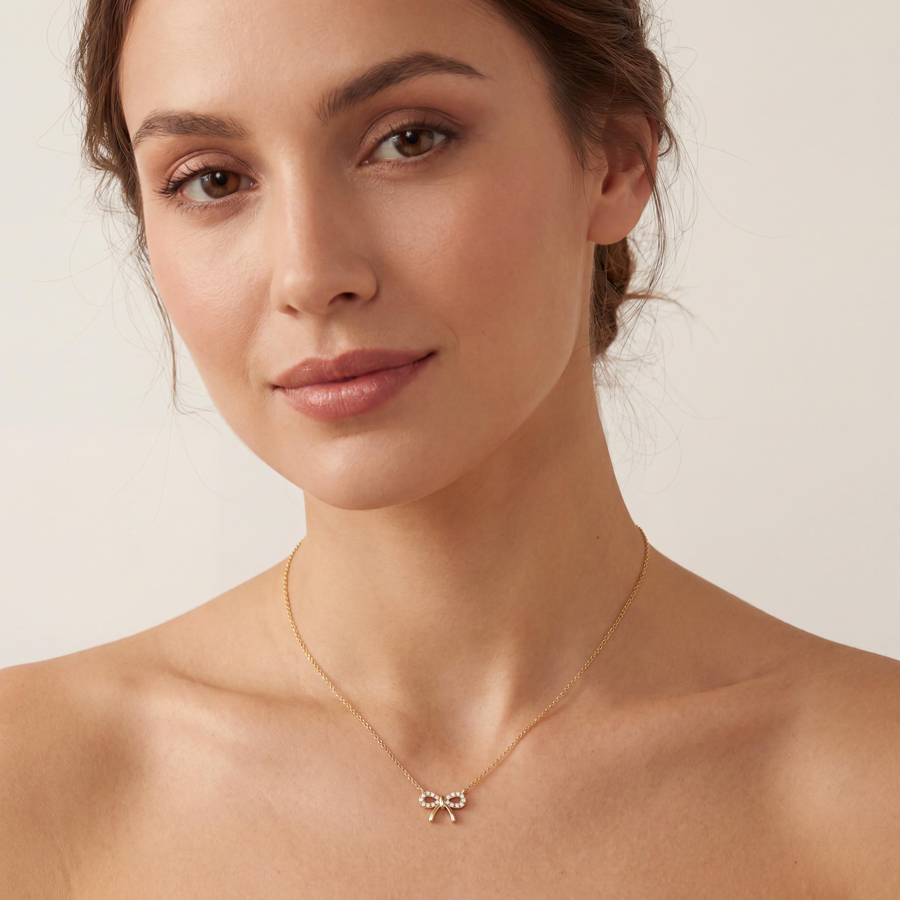 Round Pave Diamond Dainty Bow 14K Solid Gold Pendant Necklace