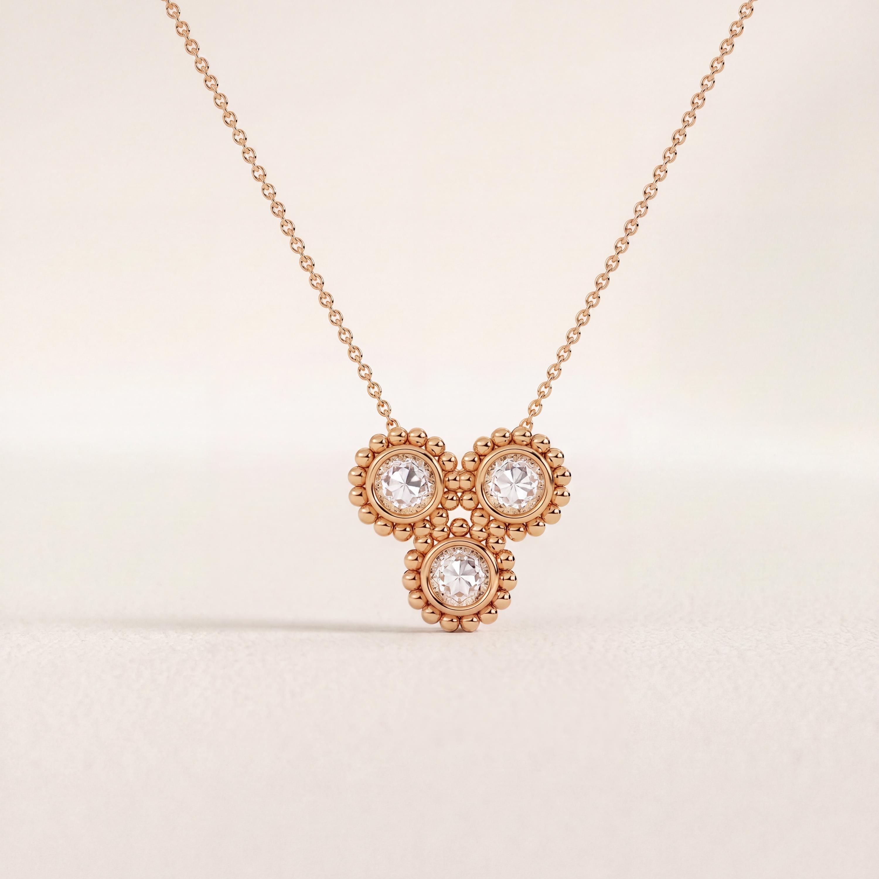 Round Diamond Three Stone Beaded Dainty Necklace 14K Solid Gold Pendant