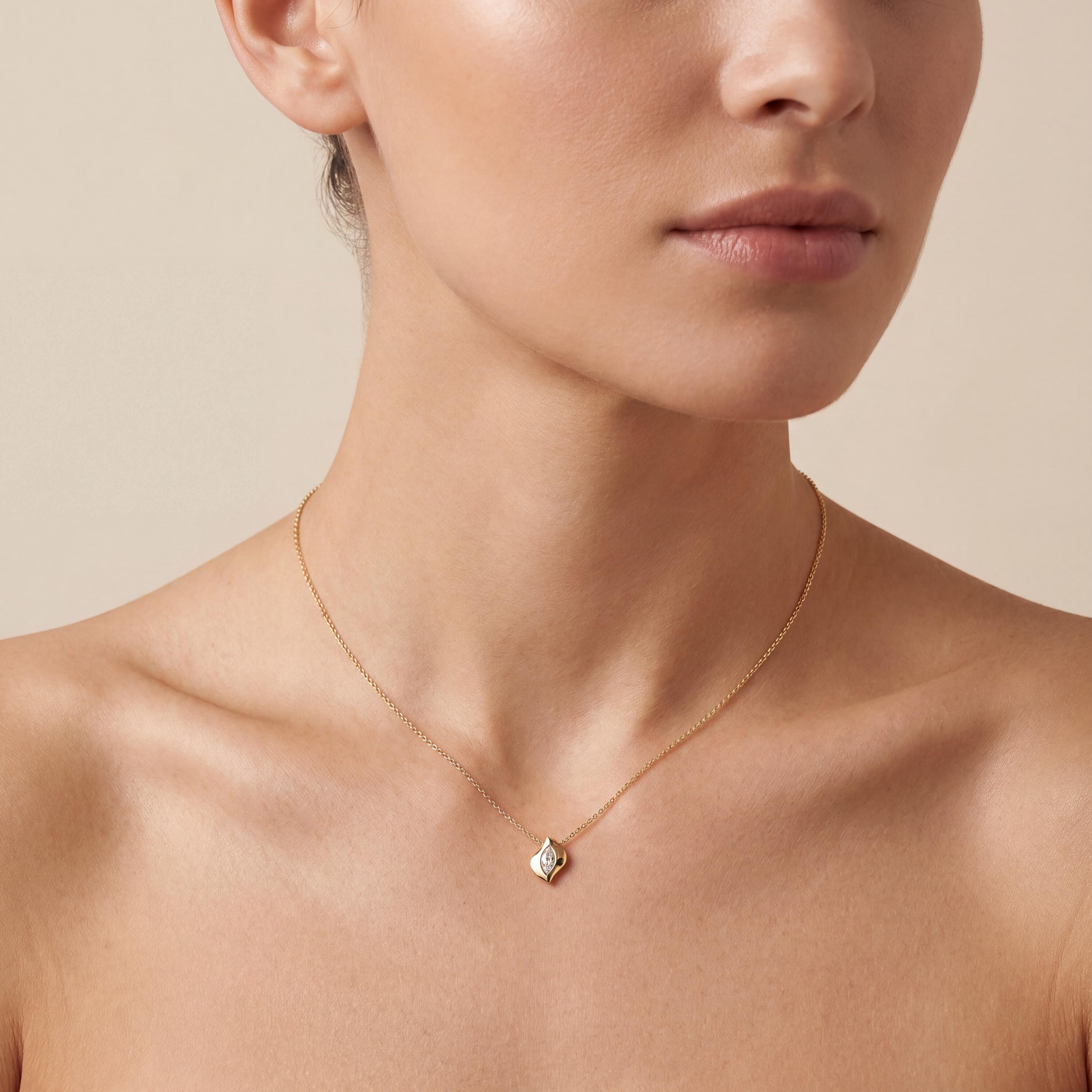 Marquise Diamond Dainty Leaf Pendant Necklace 14K Solid Gold