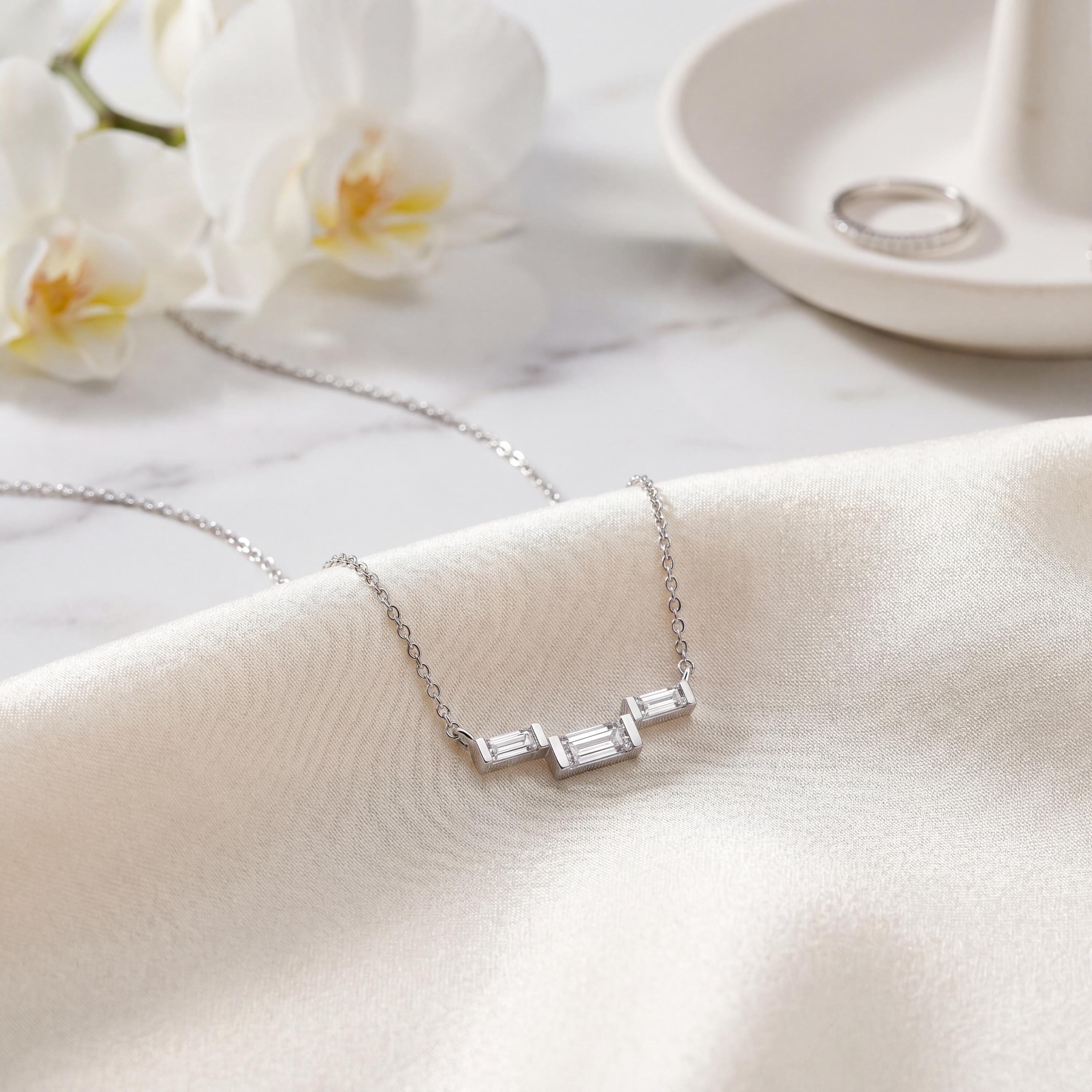 3 Stone Baguette Diamond Dainty Bar Set 14K Solid Gold Pendant Necklace