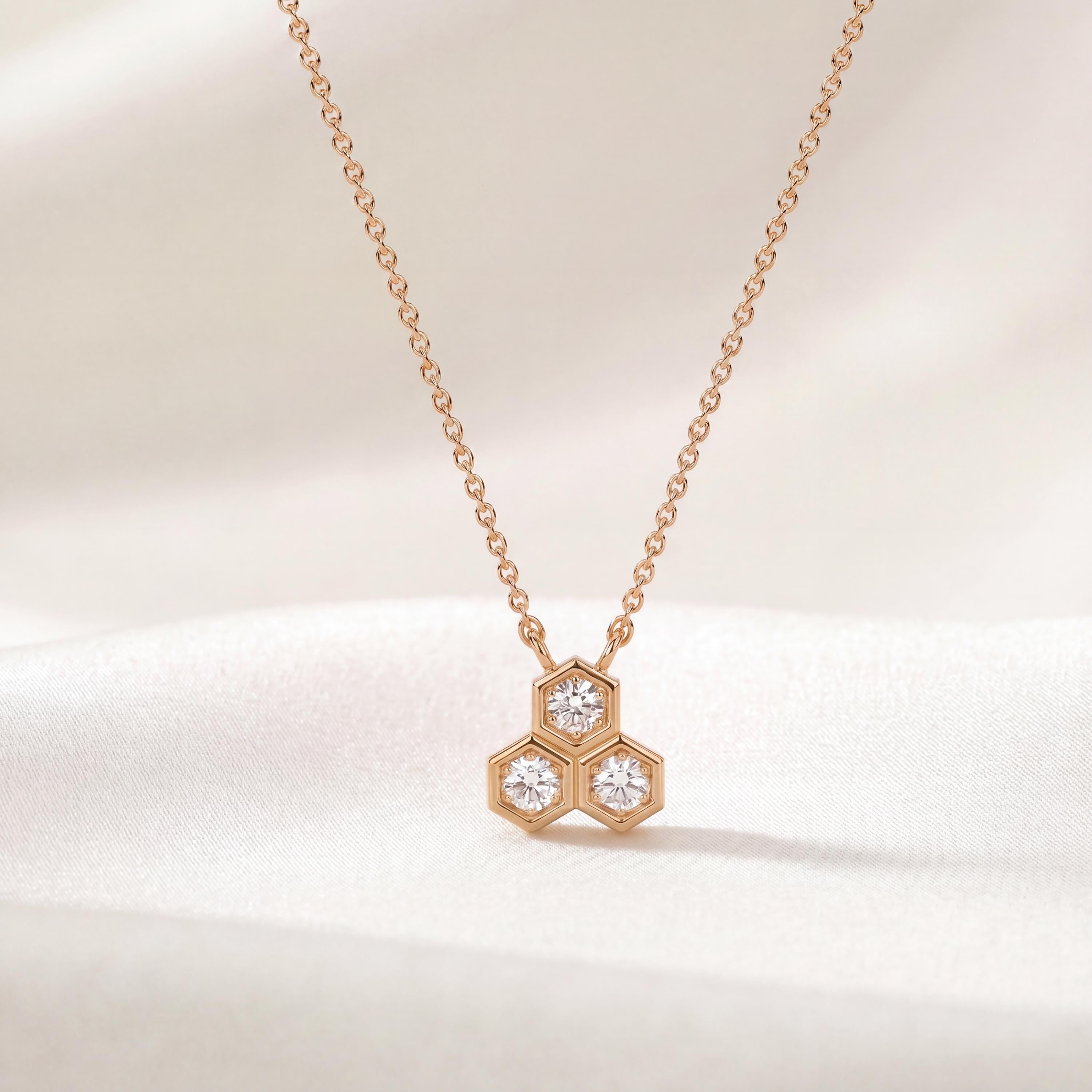 Round Diamond Three Stone Cluster Hexagon Bezel Necklace 14K Solid Gold Pendant
