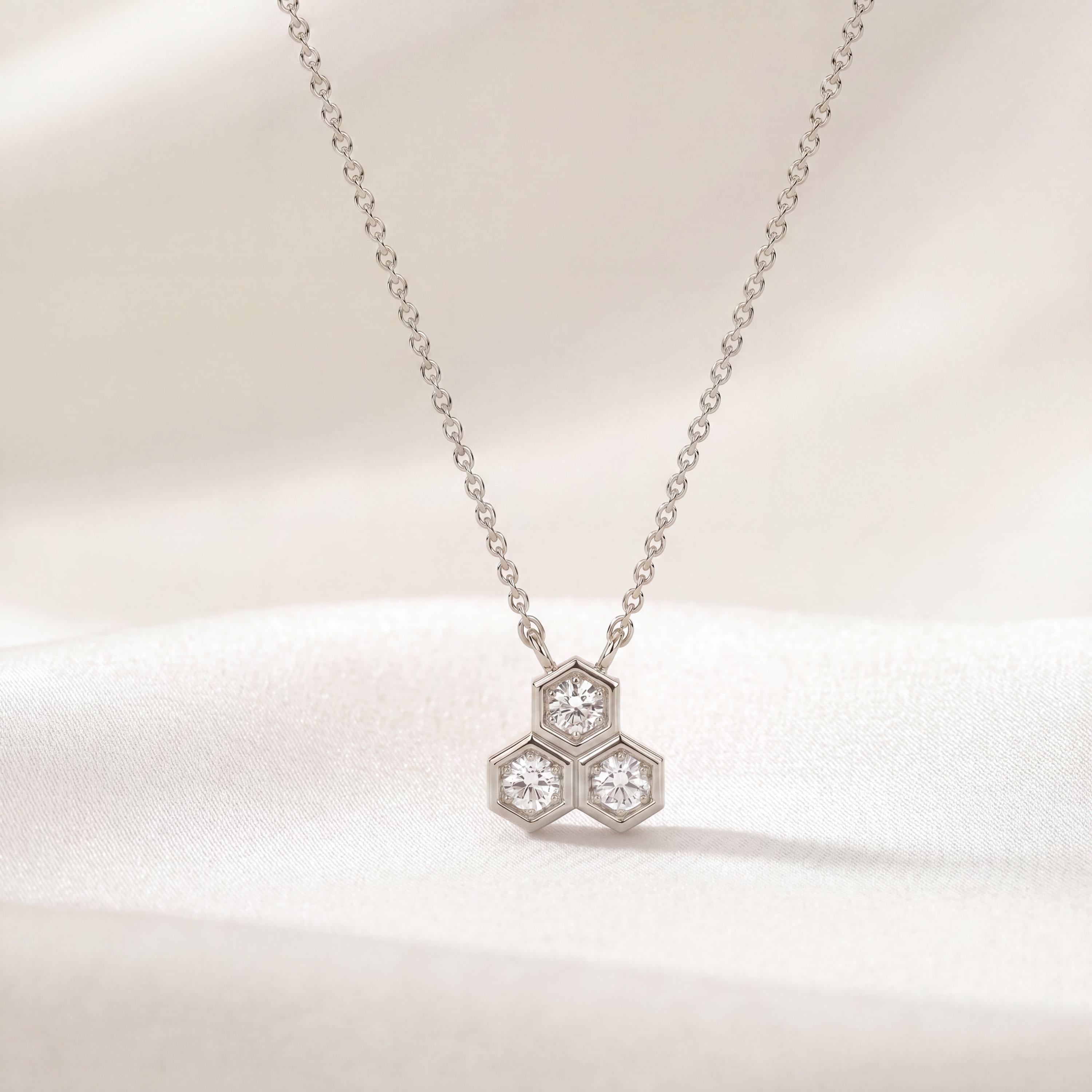 Round Diamond Three Stone Cluster Hexagon Bezel Necklace 14K Solid Gold Pendant