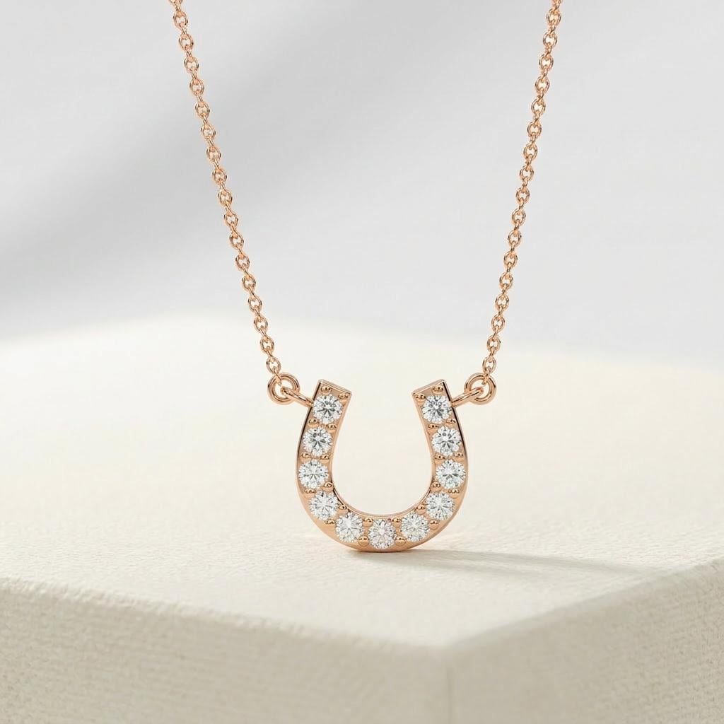 Round Diamond Pave 14K Dainty Solid Gold Horseshoe Pendant Necklace