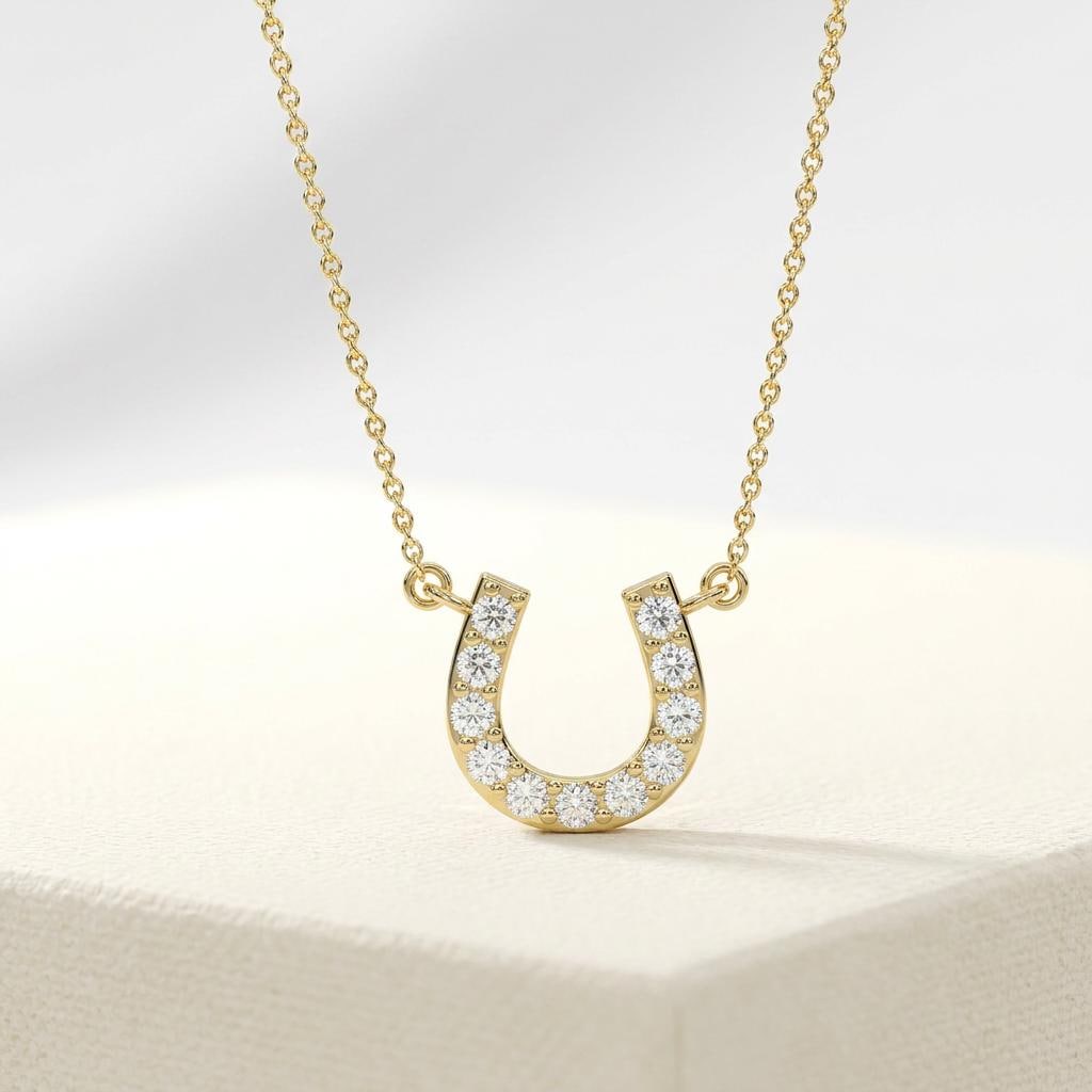 Round Diamond Pave 14K Dainty Solid Gold Horseshoe Pendant Necklace
