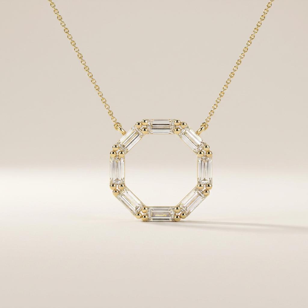 Baguette Diamond Octagon Dainty 14K Solid Gold Pendant Necklace