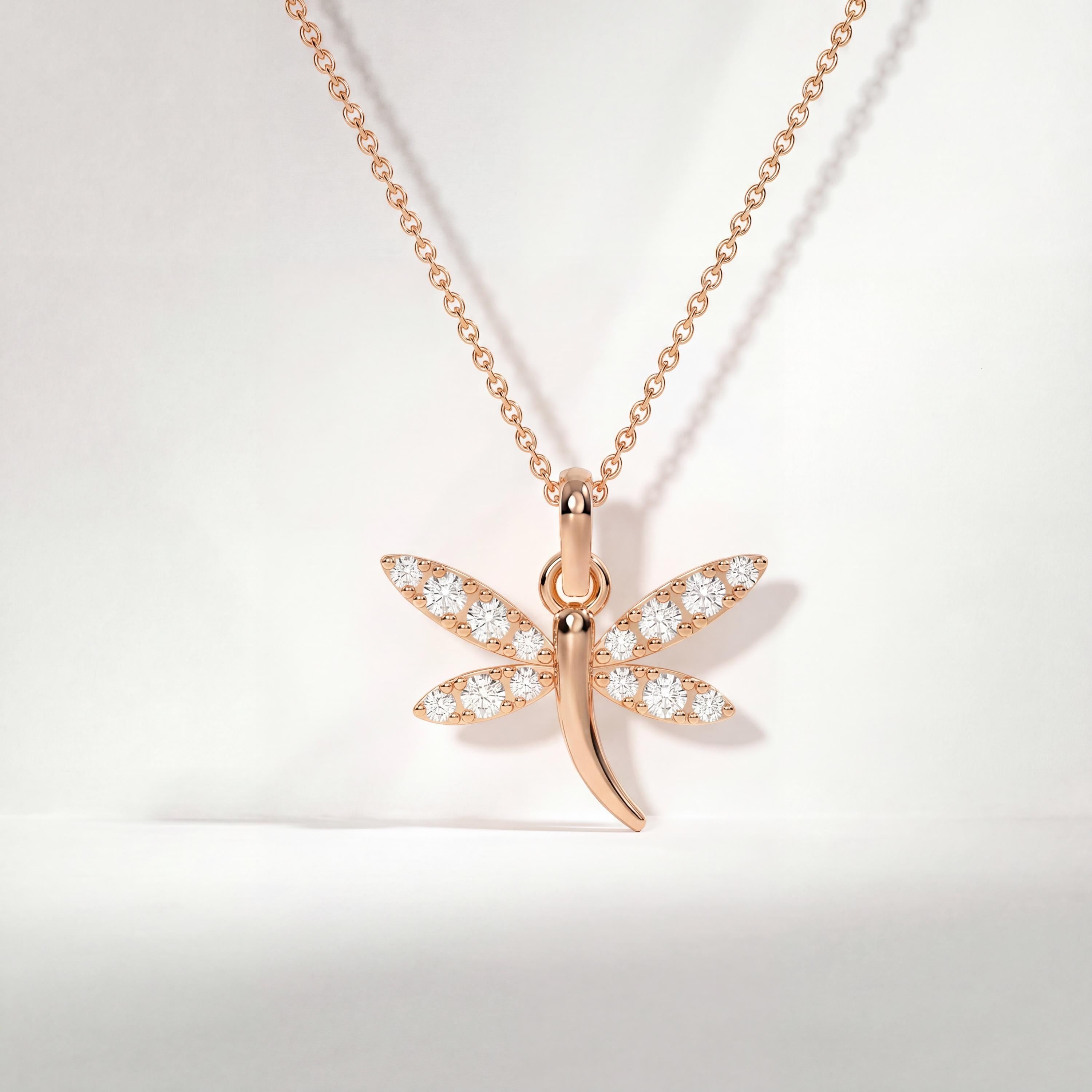 Round Diamond Dainty Dragonfly 14K Solid Gold Pendant Necklace