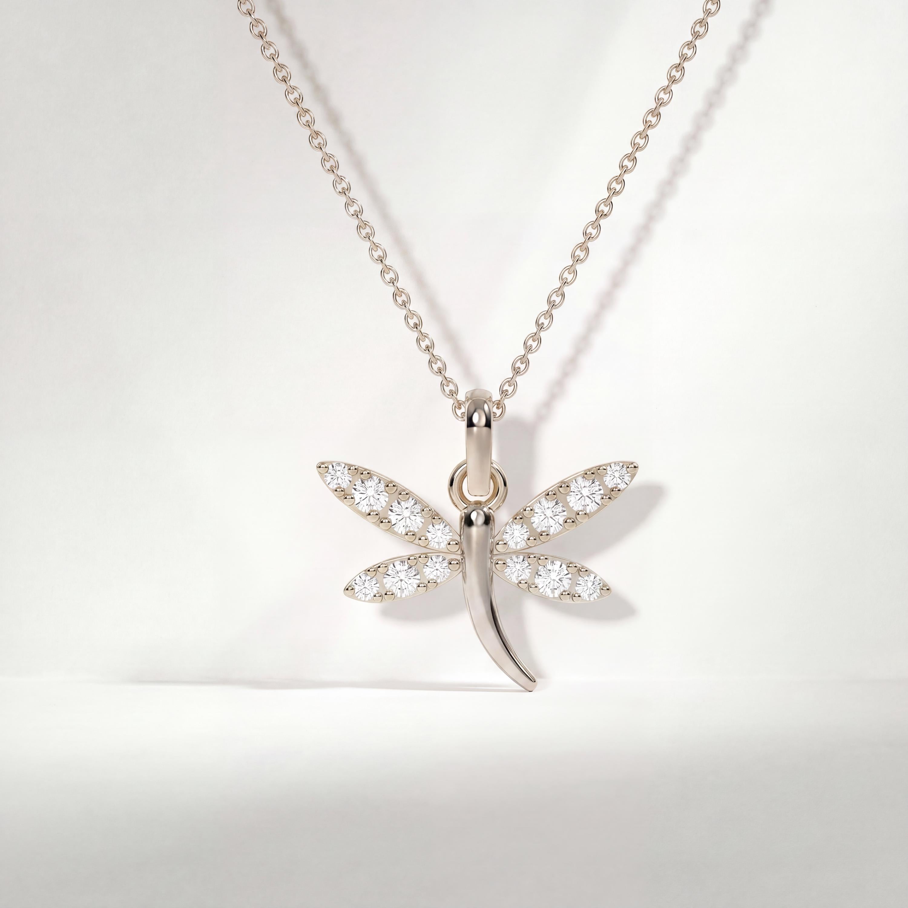Round Diamond Dainty Dragonfly 14K Solid Gold Pendant Necklace