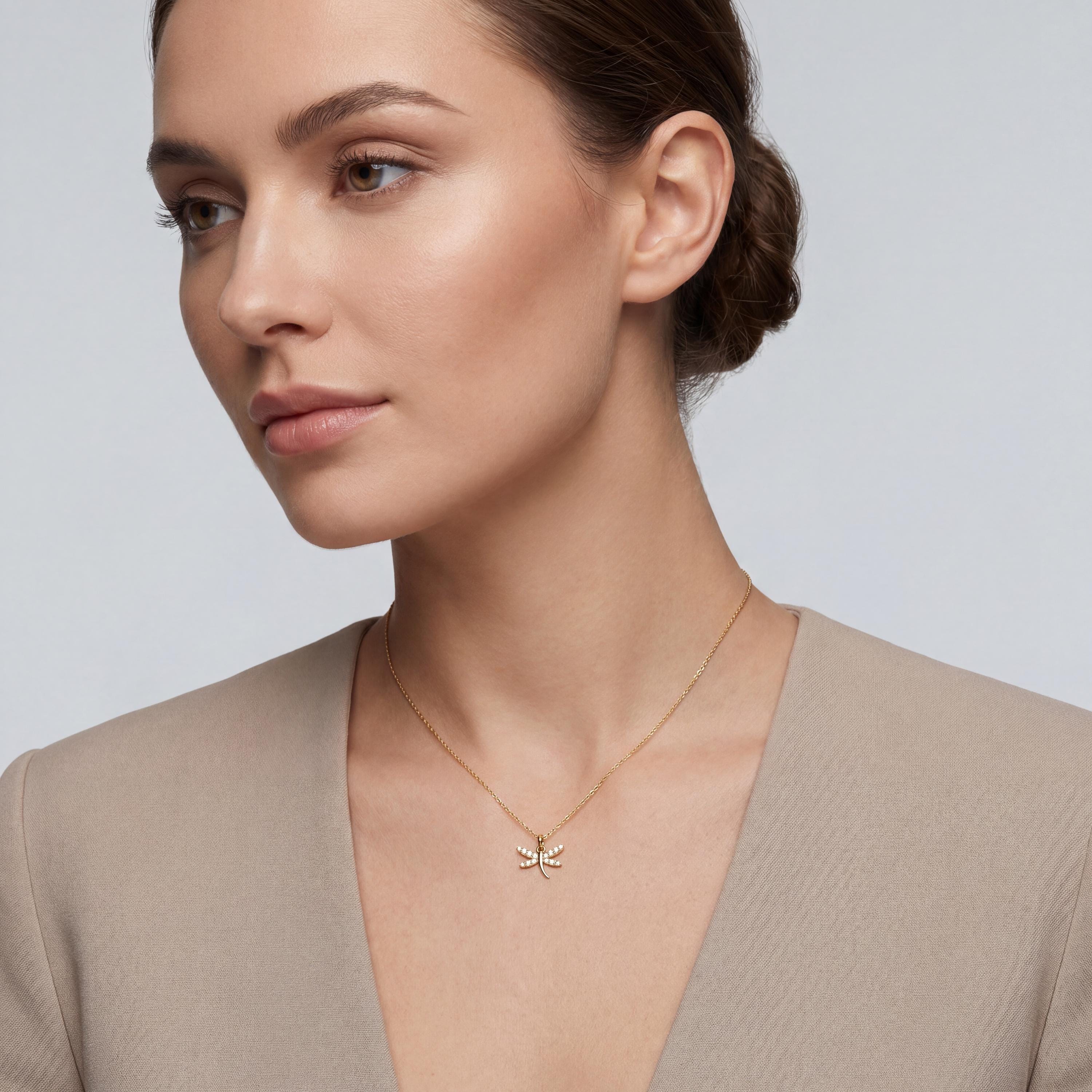 Round Diamond Dainty Dragonfly 14K Solid Gold Pendant Necklace