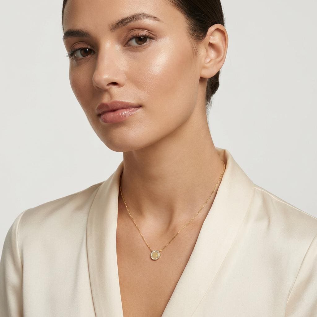 Round Diamond Halo Disc 14K Solid Gold Pendant Necklace
