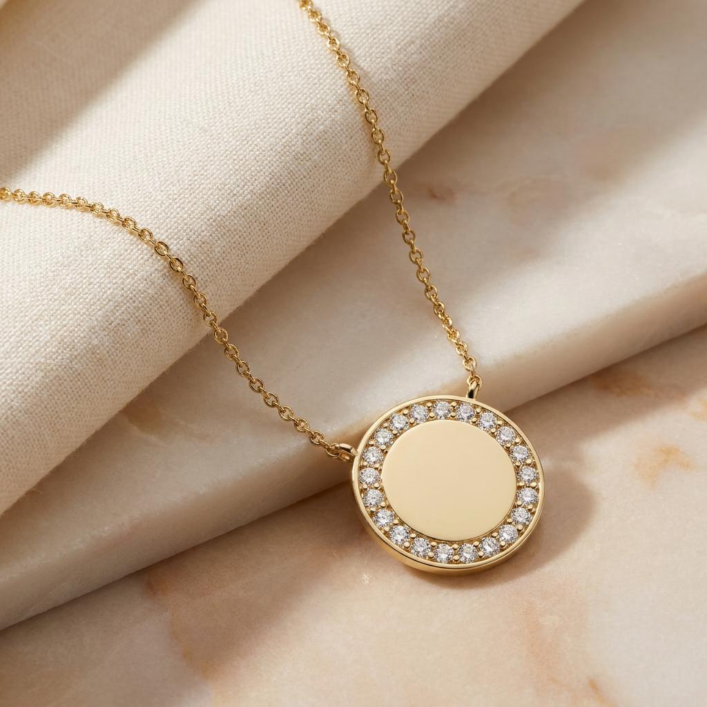 Round Diamond Halo Disc 14K Solid Gold Pendant Necklace