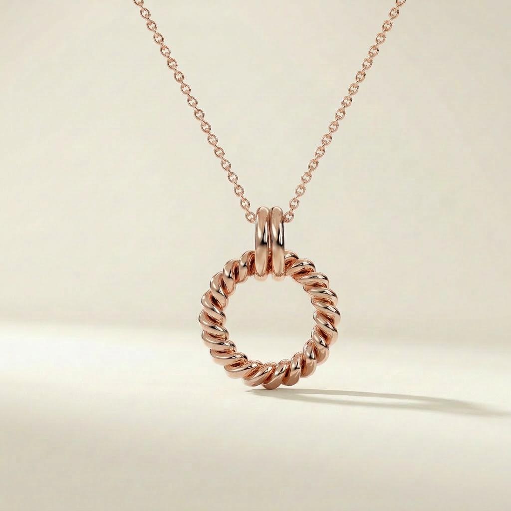 Twisted Love Knot Rope Circle 14K Solid Gold Pendant Necklace