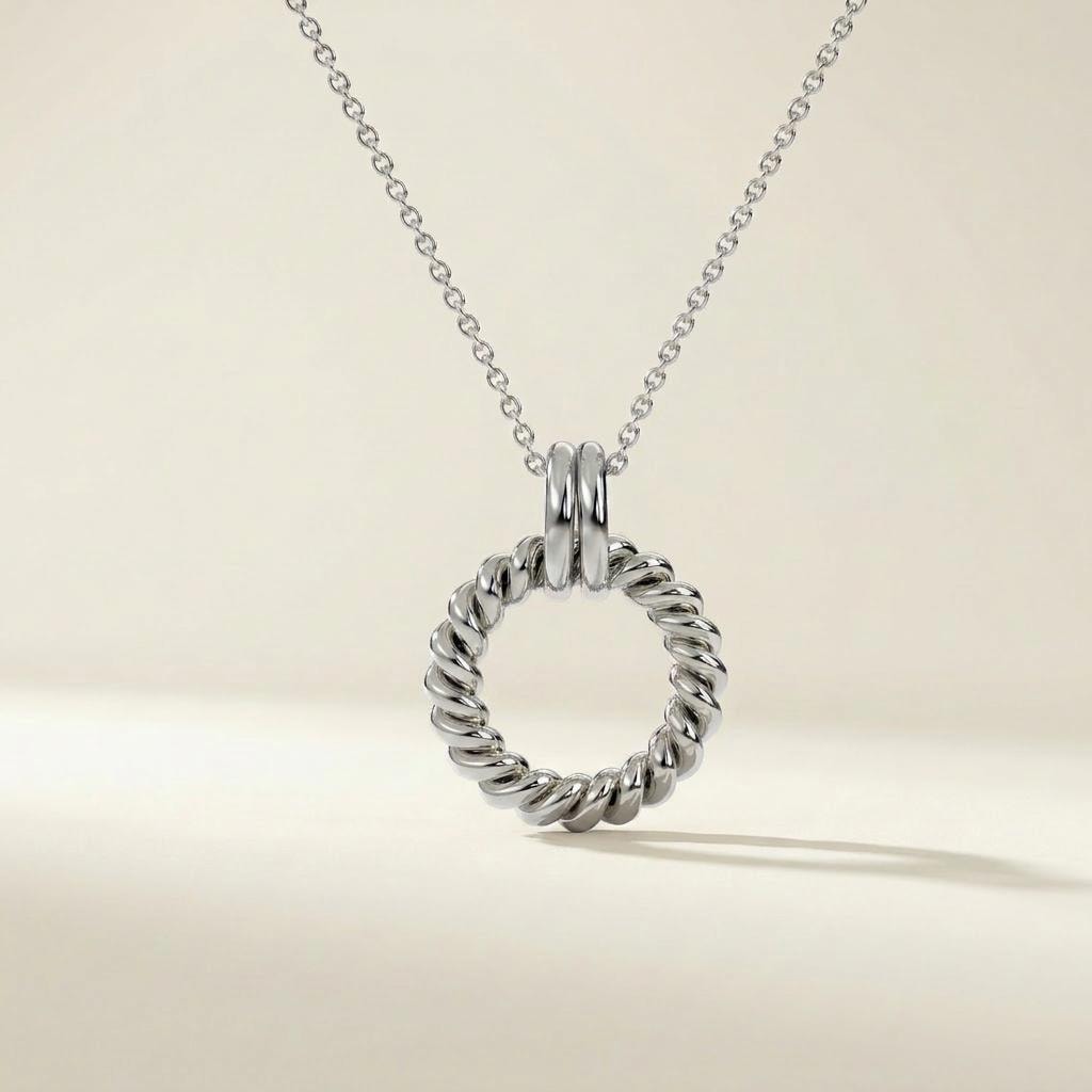 Twisted Love Knot Rope Circle 14K Solid Gold Pendant Necklace