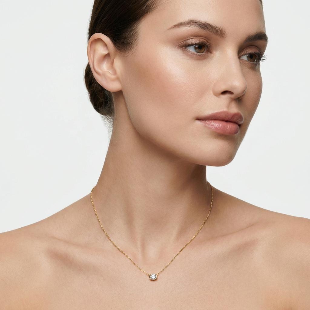 Round Brilliant Cut Diamond Solitaire Dainty Half Bezel 14K Solid Gold Pendant Necklace