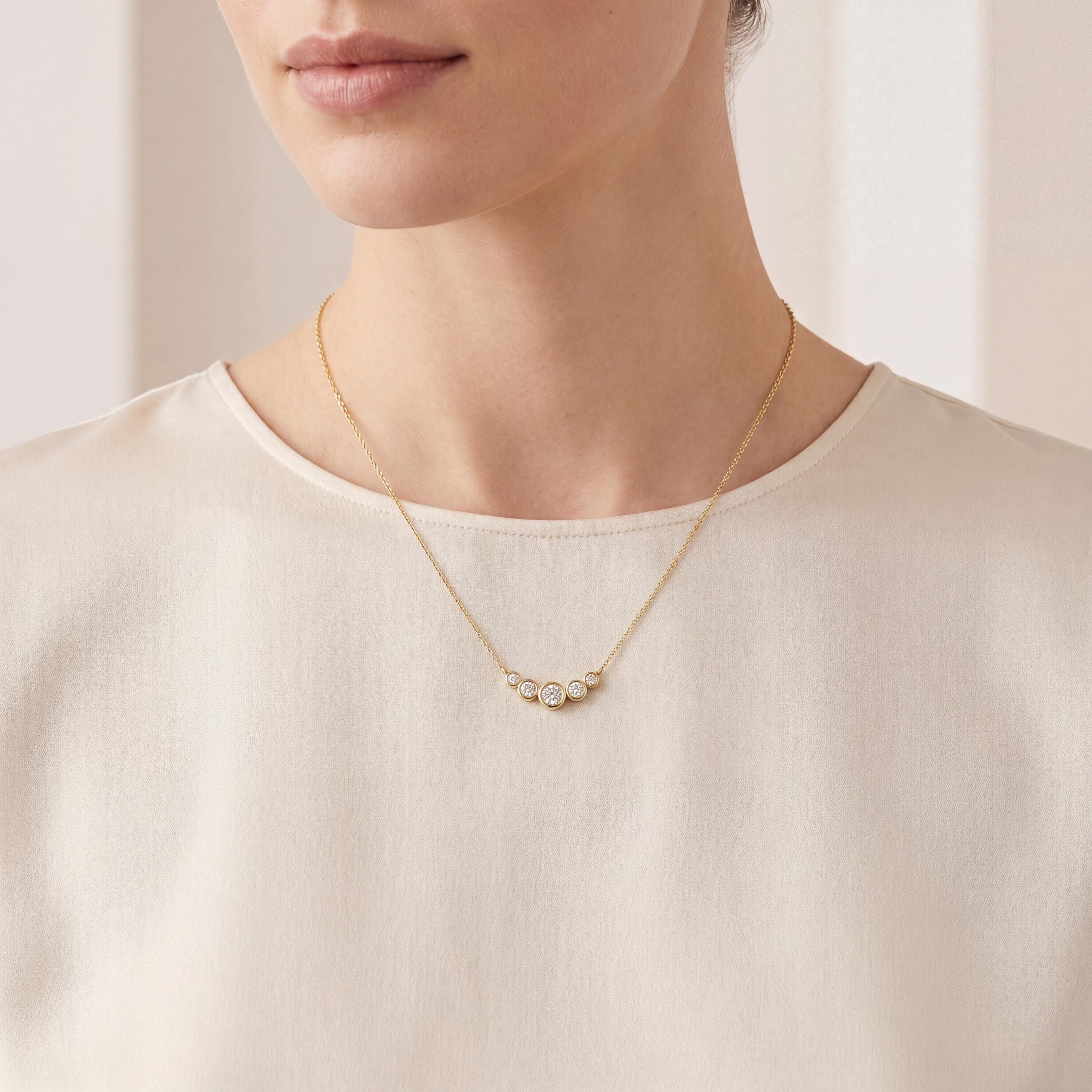 Round Diamond Five Stone Graduated Bezel Necklace 14K Solid Gold Pendant