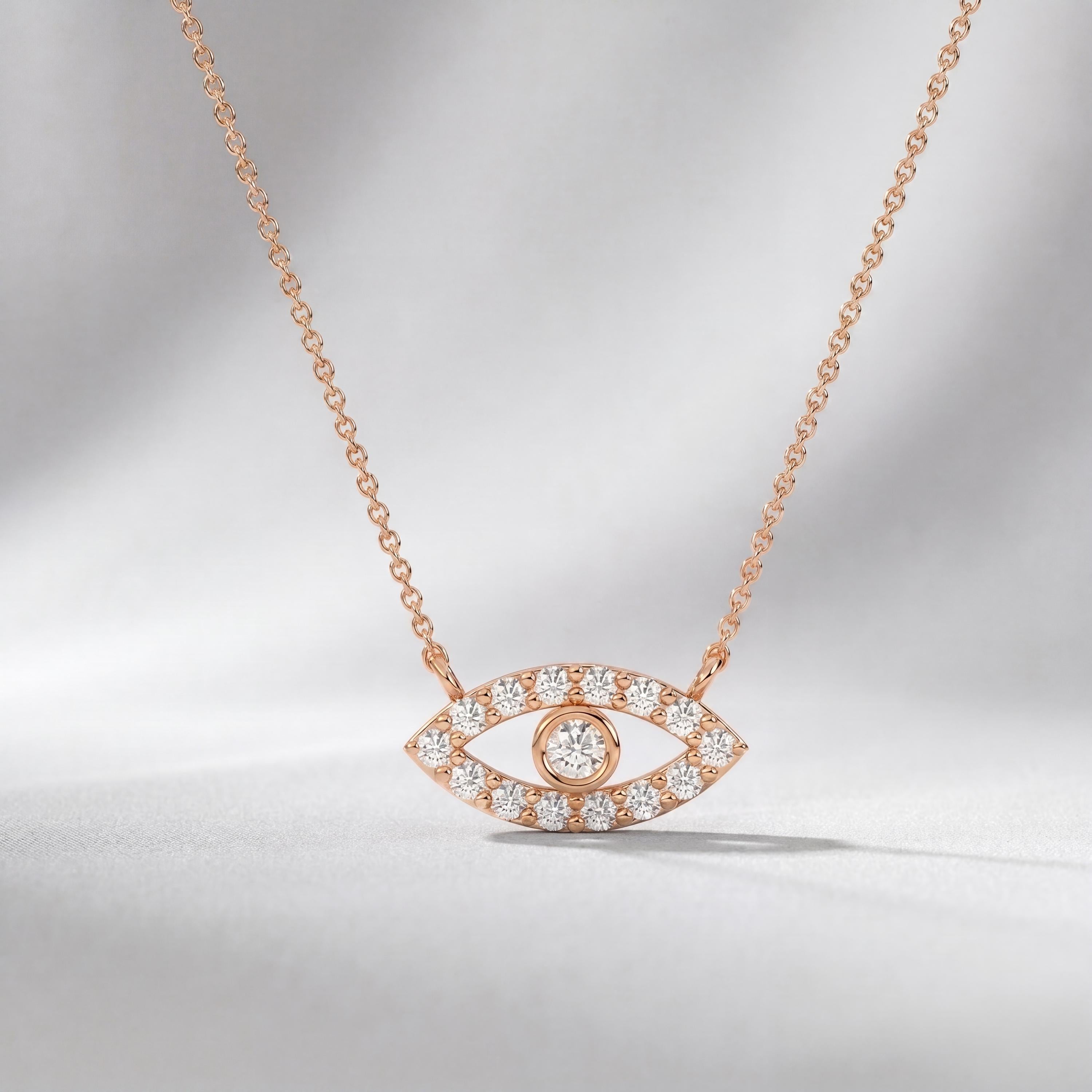 Diamond Dainty Evil Eye 14K Solid Gold Pendant Necklace