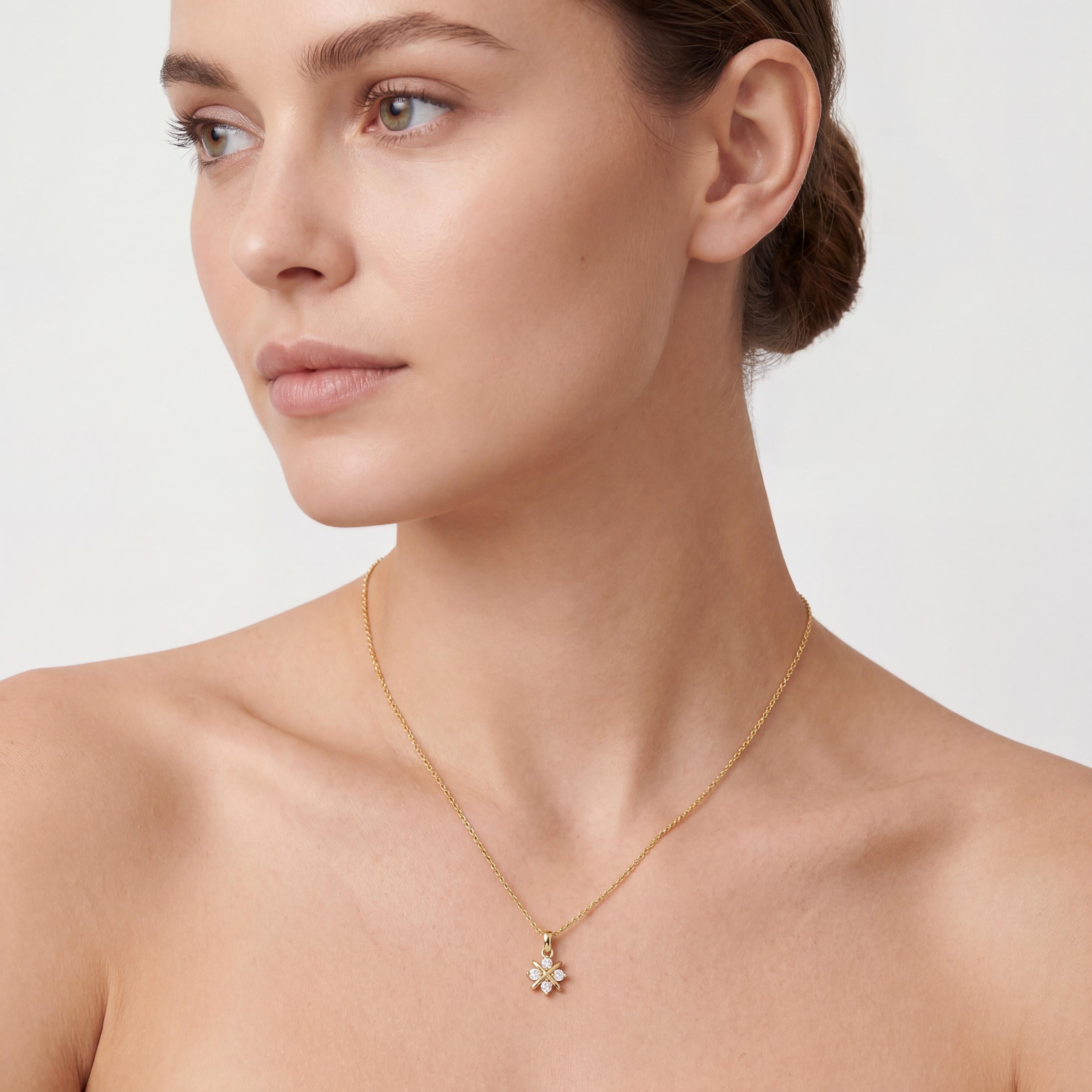 4 Stone Brilliant Cut Diamond Floral 14K Gold Pendant Necklace Gift For Her