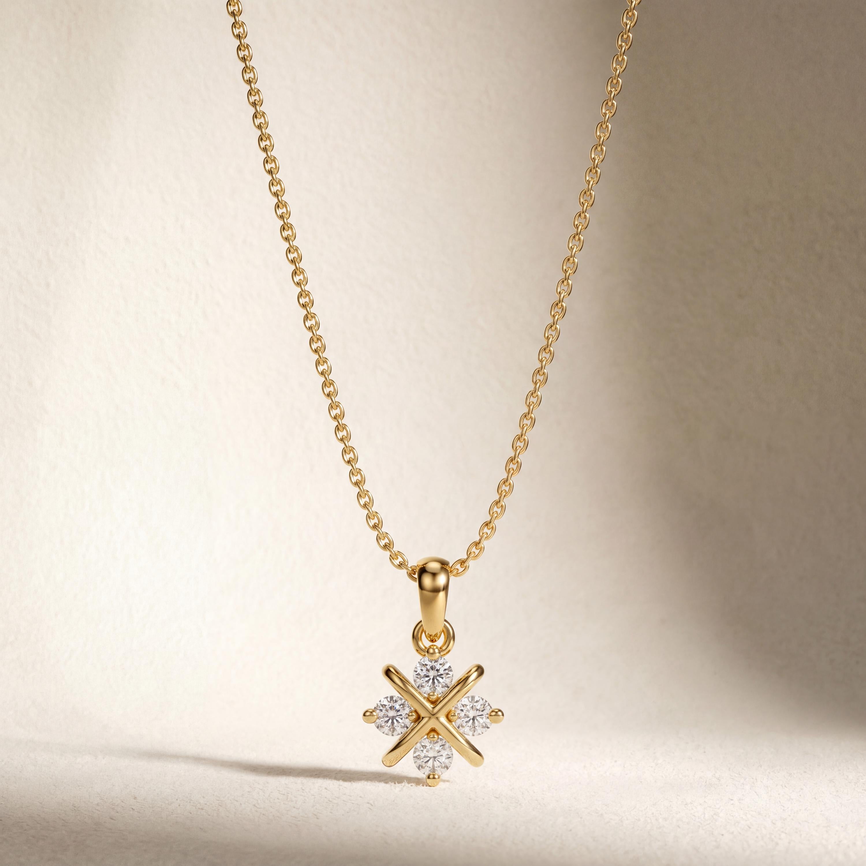 4 Stone Brilliant Cut Diamond Floral 14K Gold Pendant Necklace Gift For Her