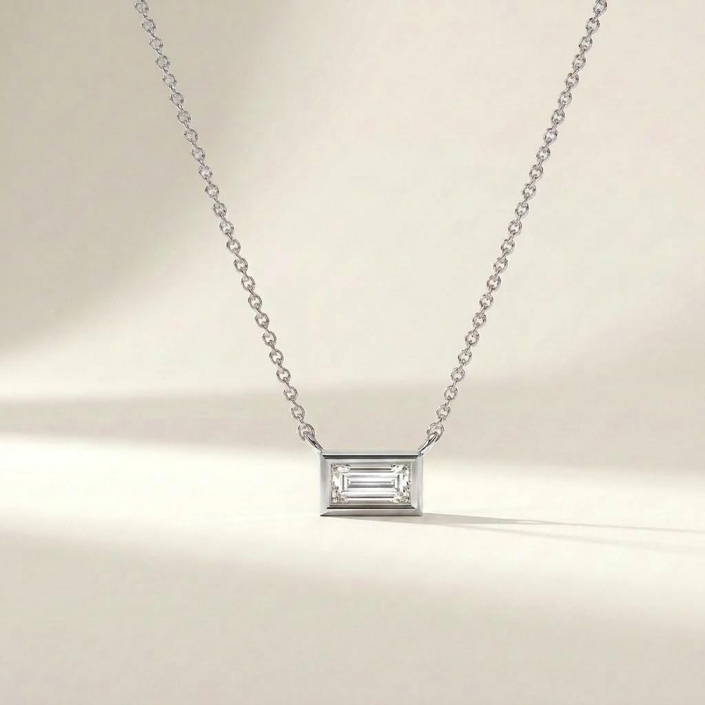 Baguette Diamond Solitaire Dainty Bezel Set 14K Solid Gold Pendant Necklace