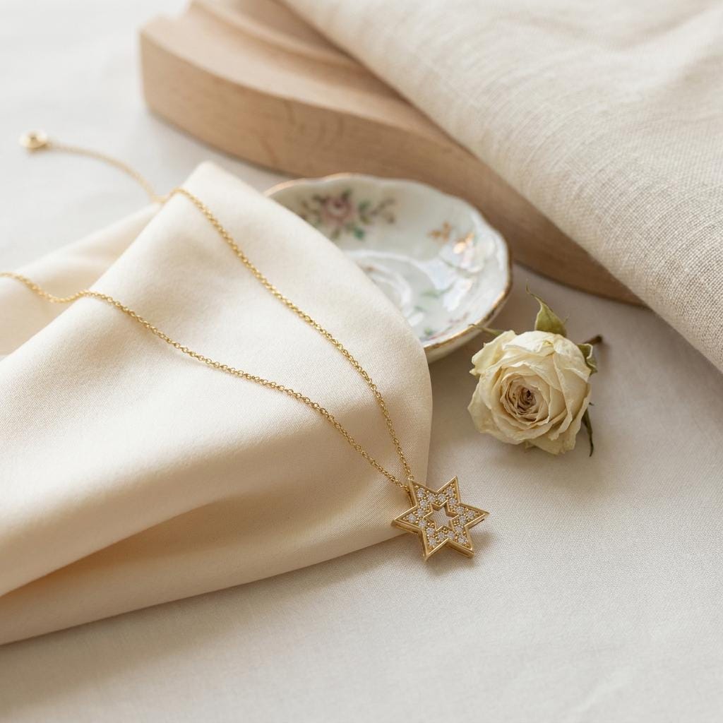 Round Diamond Dainty Star Of David 14K Solid Gold Pendant Necklace