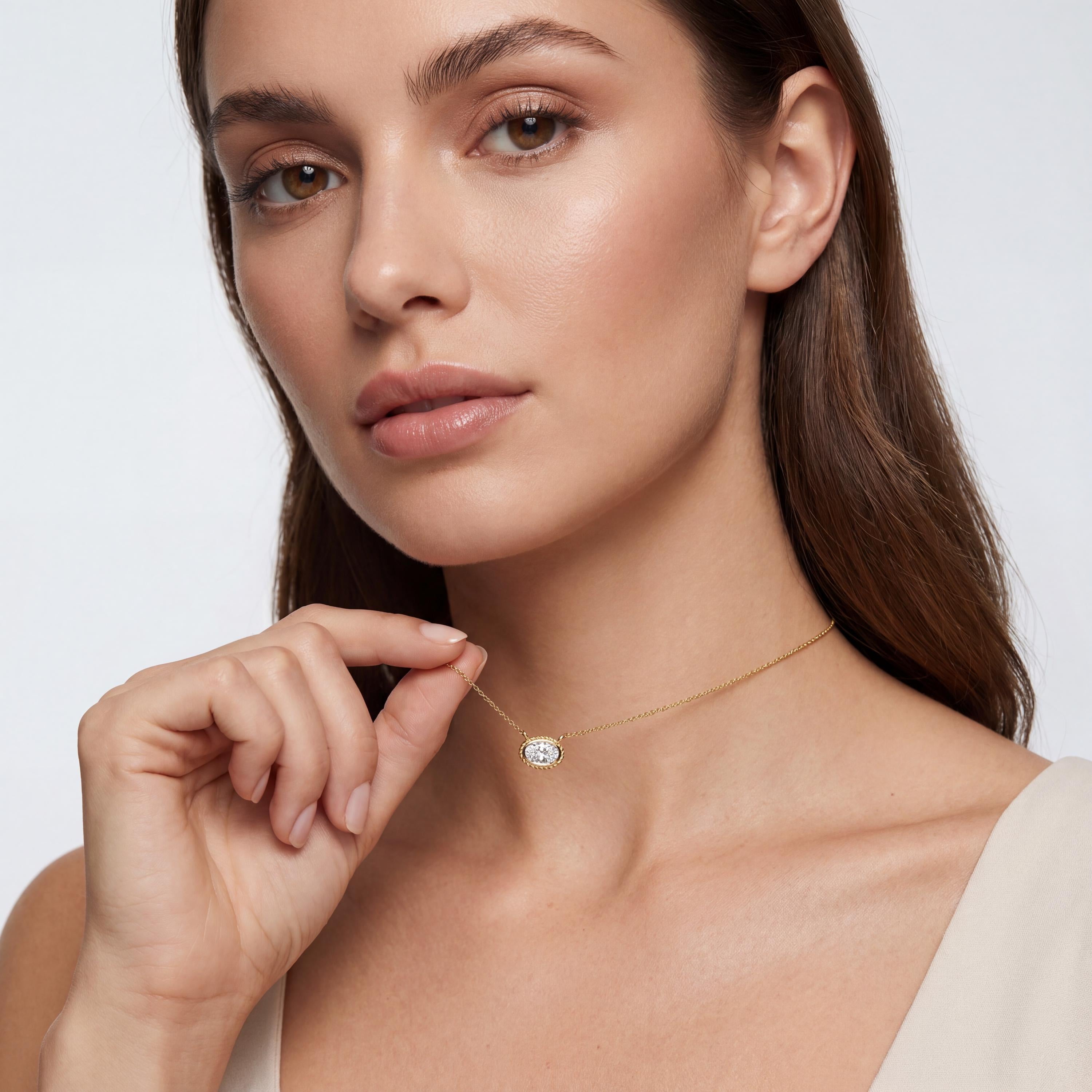 Oval Diamond Solitaire Bezel Set Halo Rope 14K Solid Gold Pendant Necklace