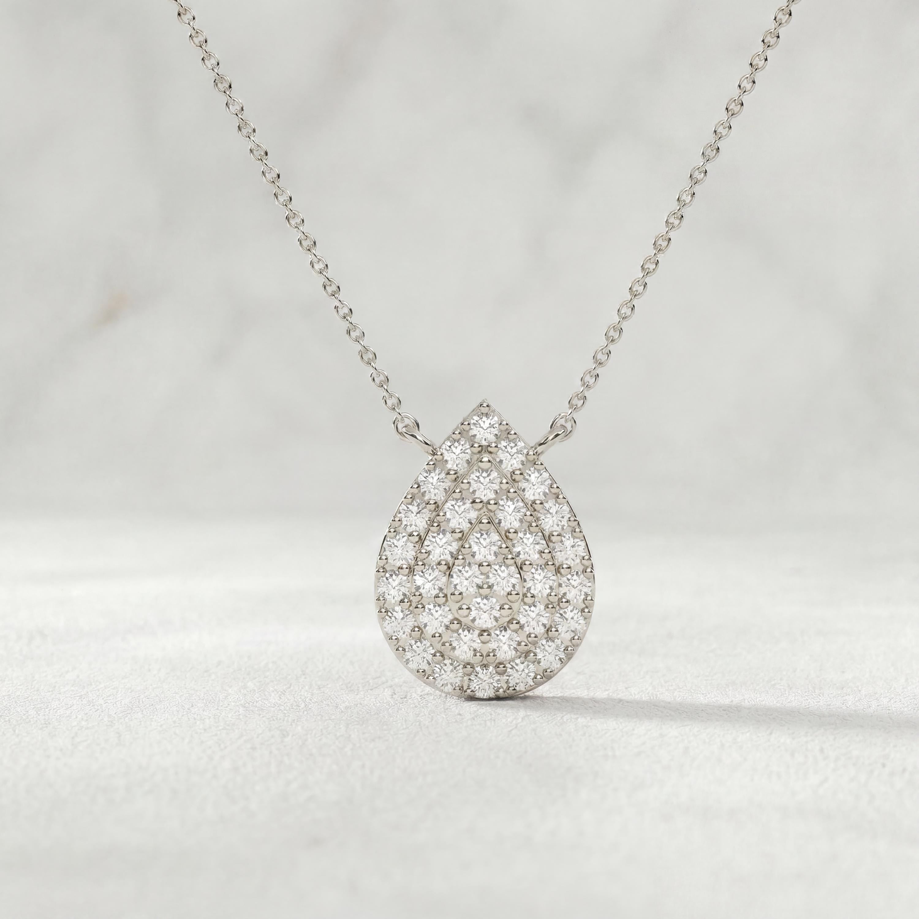 Round Pave Diamond Dainty Pear Shape 14K Solid Gold Pendant Necklace