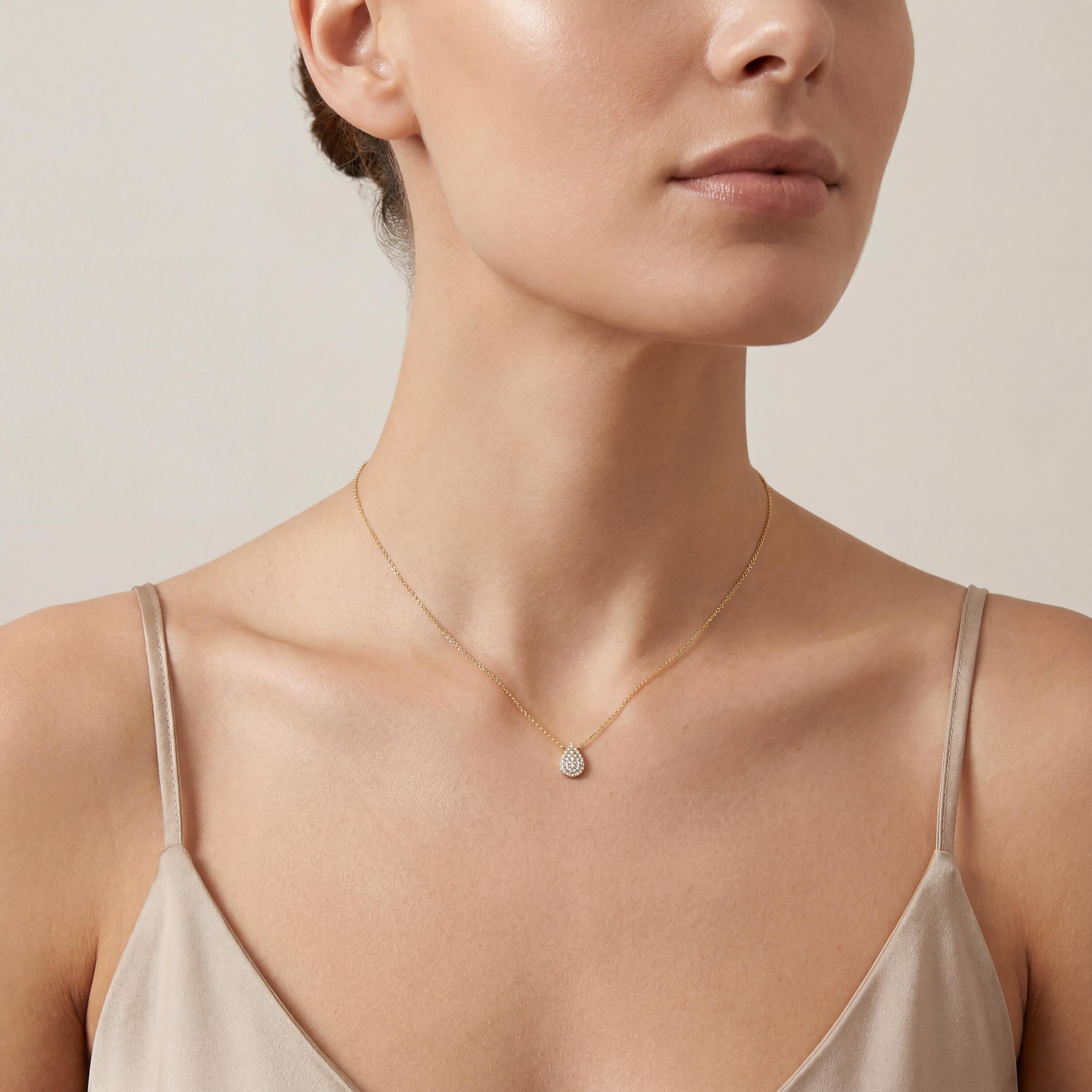Round Pave Diamond Dainty Pear Shape 14K Solid Gold Pendant Necklace
