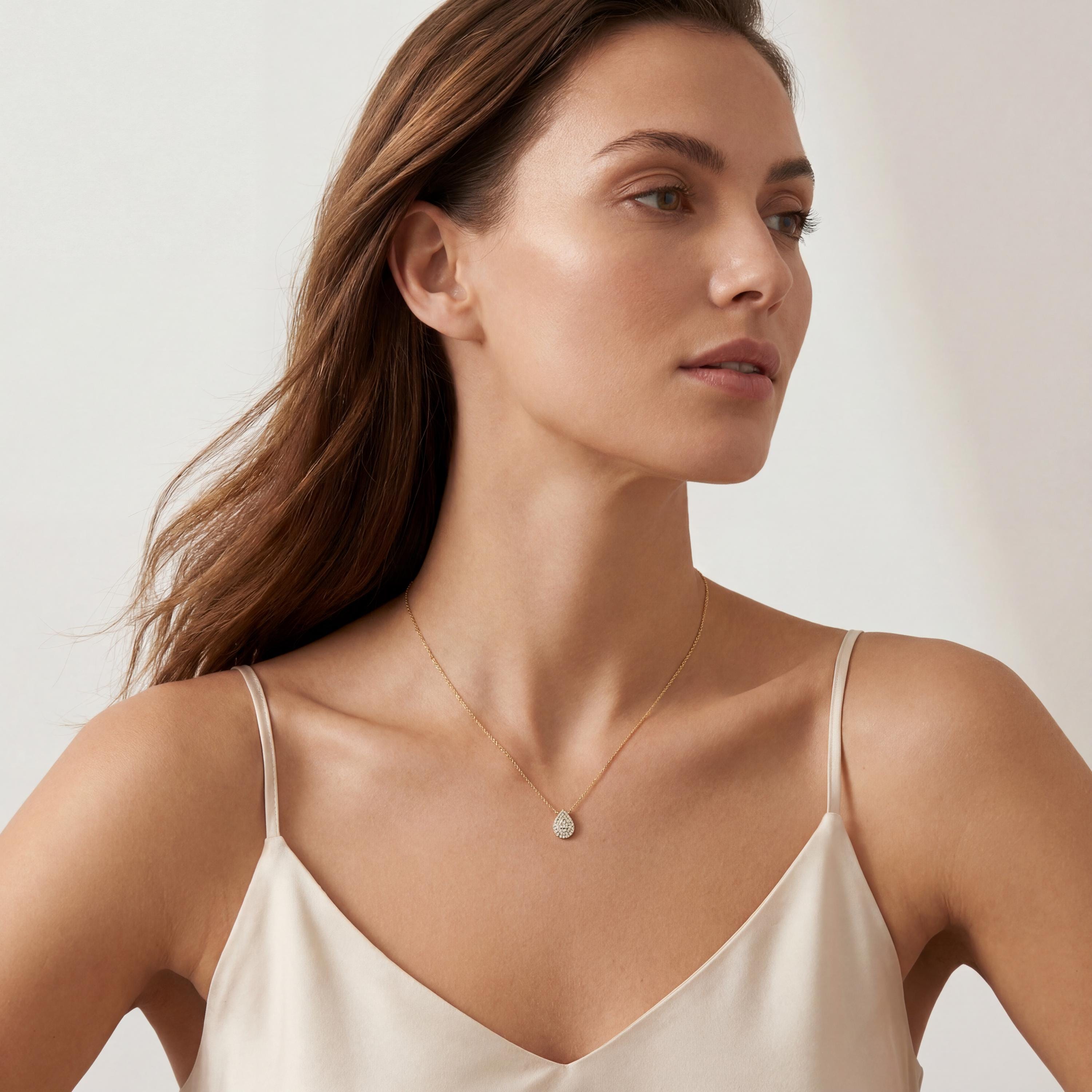 Round Pave Diamond Dainty Pear Shape 14K Solid Gold Pendant Necklace