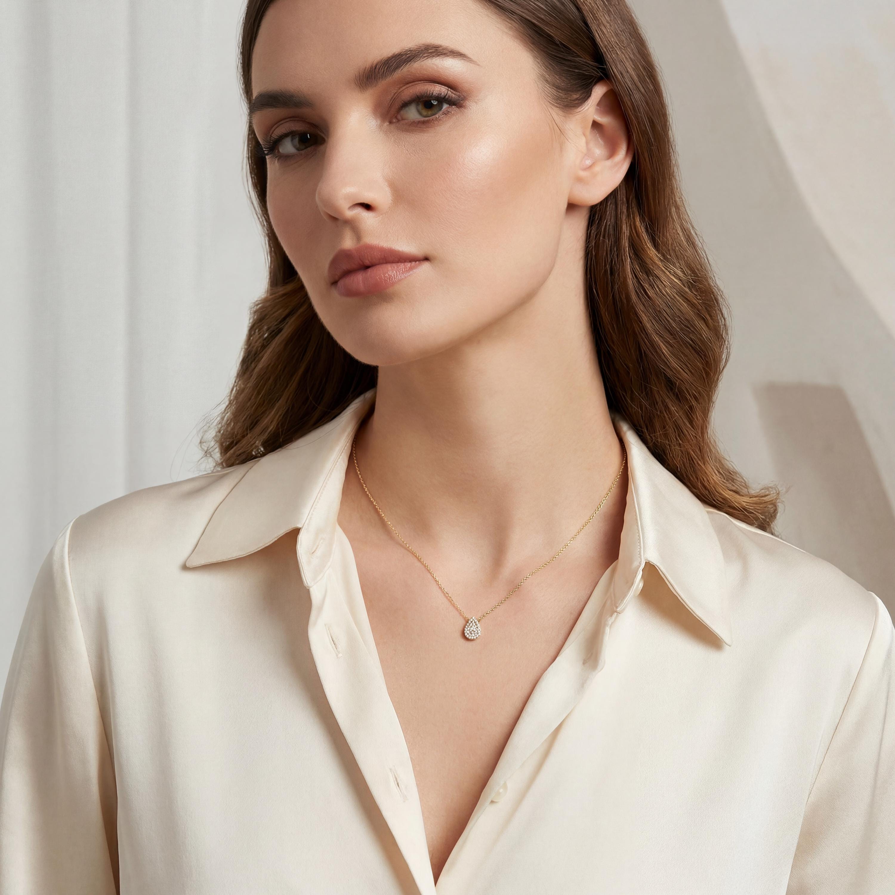 Round Pave Diamond Dainty Pear Shape 14K Solid Gold Pendant Necklace
