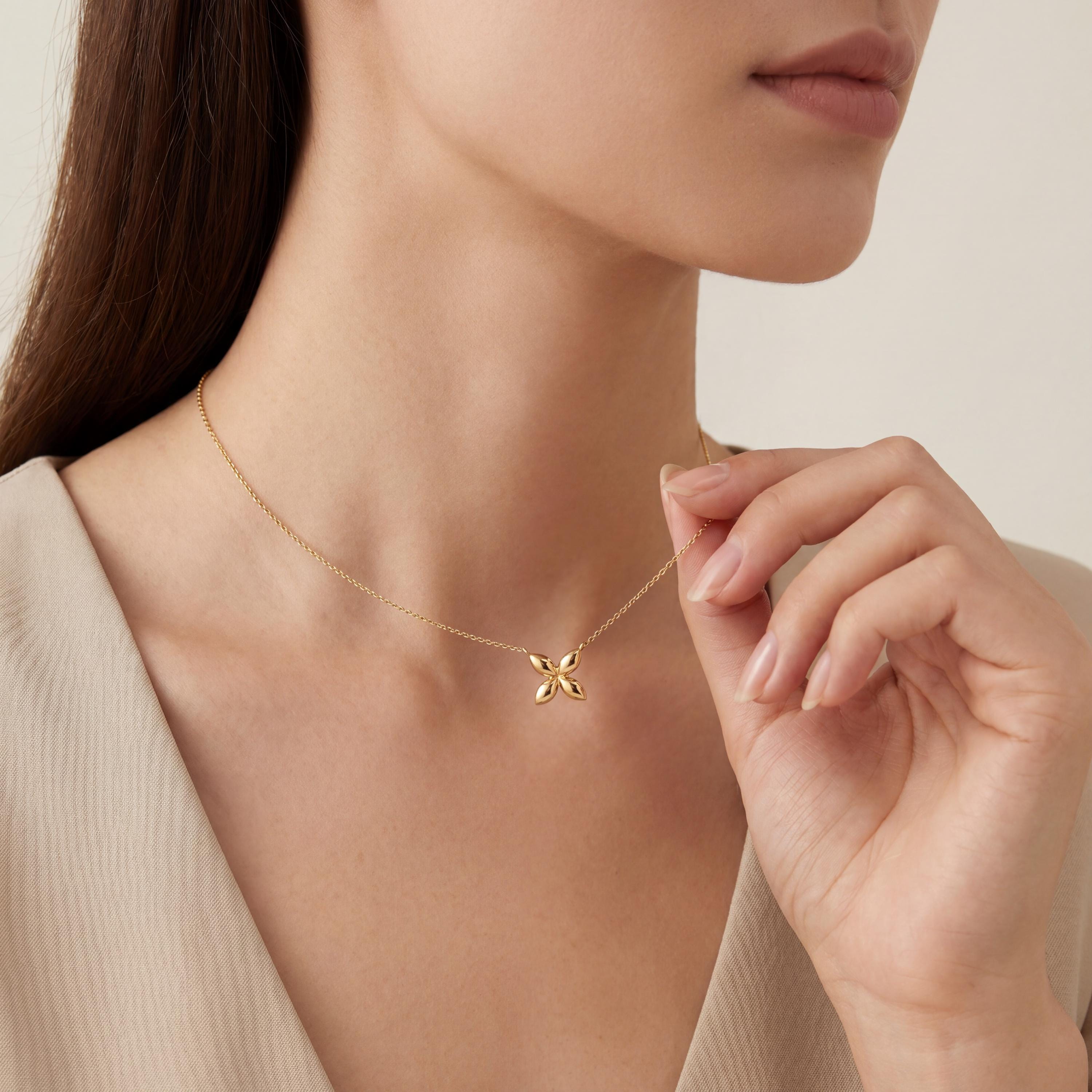 Dainty Four Petal Flower 14K Solid Gold Pendant Necklace