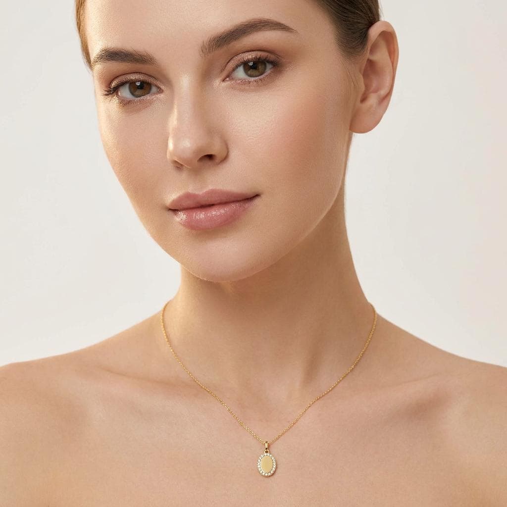 Oval Diamond Halo Disc 14K Solid Gold Pendant Necklace