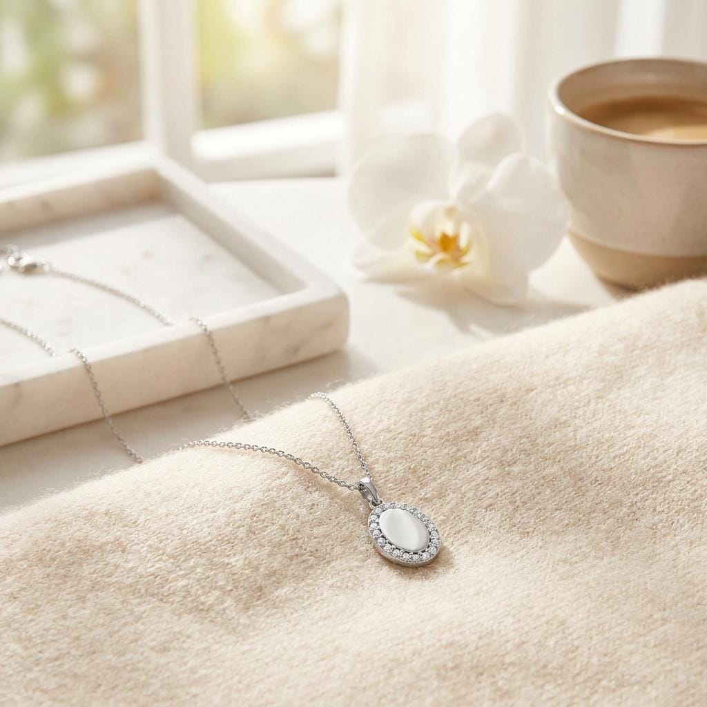 Oval Diamond Halo Disc 14K Solid Gold Pendant Necklace
