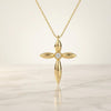 Round Diamond Solitaire Petal Cross 14K Solid Gold Pendant Necklace