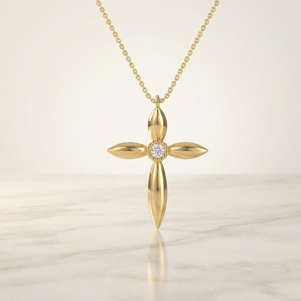 Round Diamond Solitaire Petal Cross 14K Solid Gold Pendant Necklace