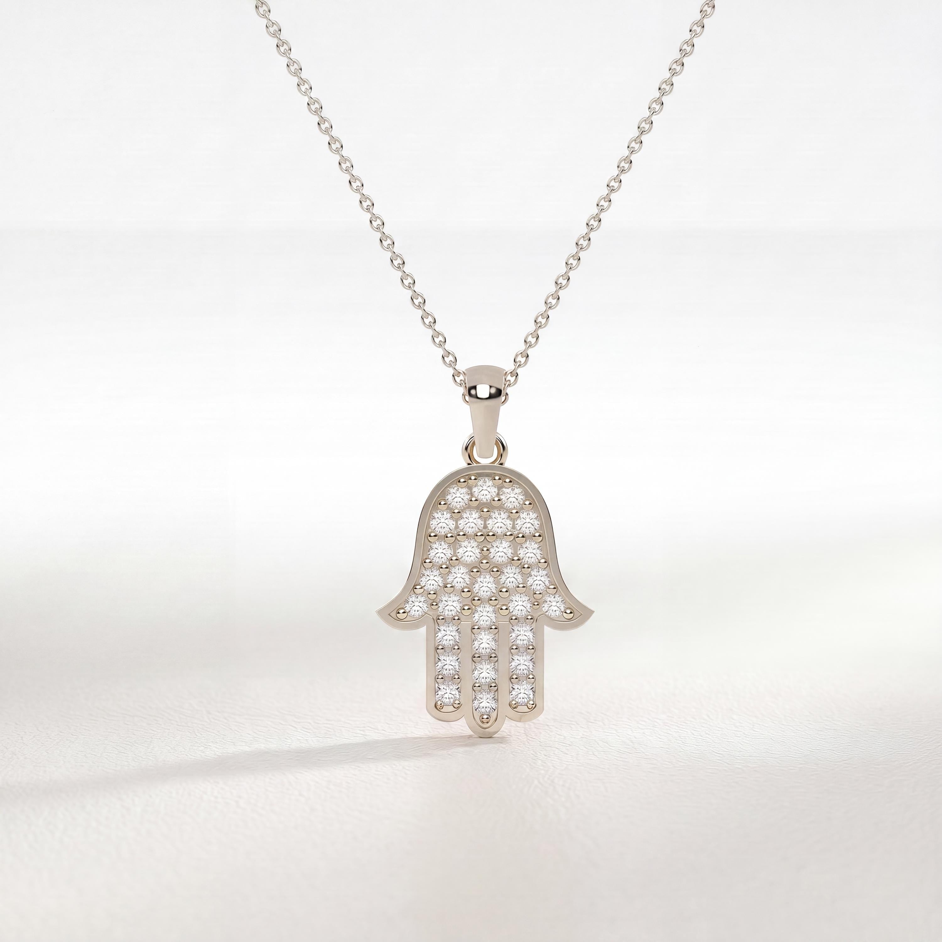 Round Diamond Dainty Prong Set Hamsa Hand 14K Solid Gold Pendant Necklace