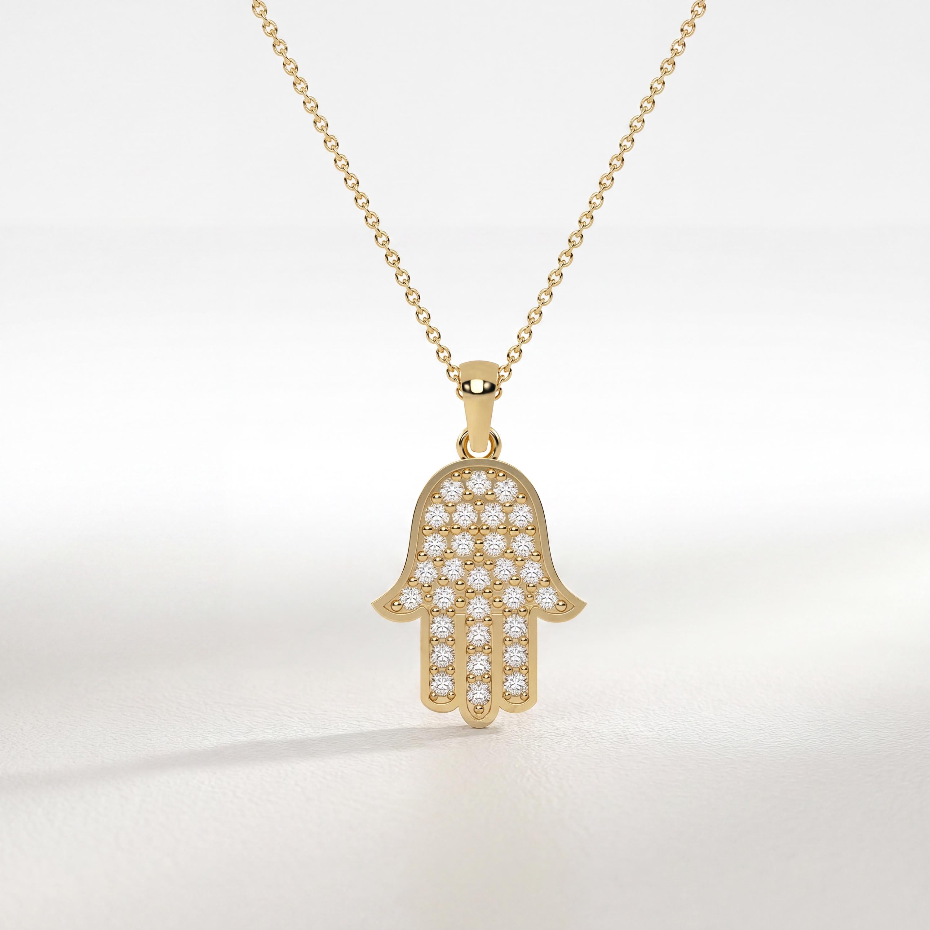 Round Diamond Dainty Prong Set Hamsa Hand 14K Solid Gold Pendant Necklace