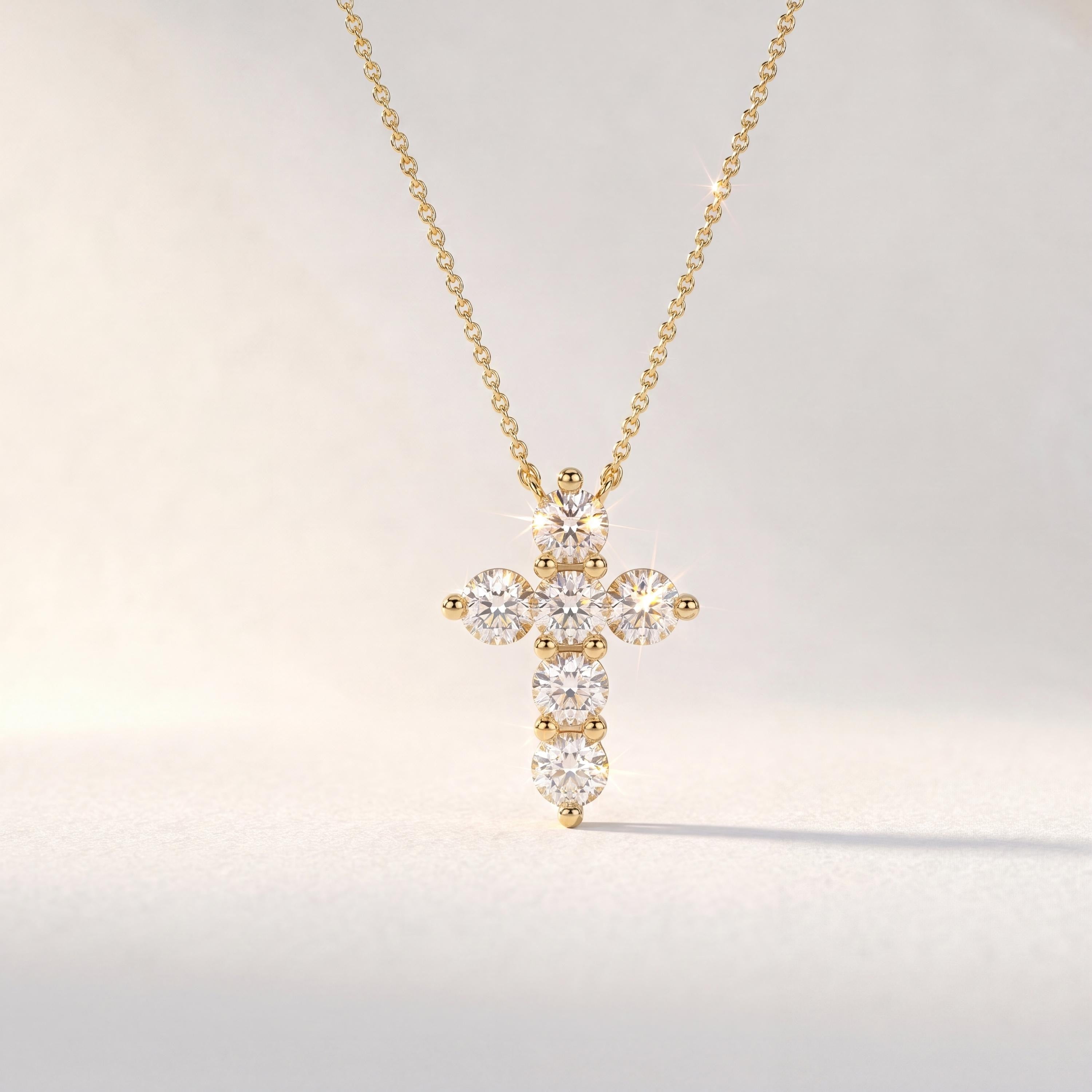 Round Diamond Dainty Prong Set Cross 14K Solid Gold Pendant Necklace