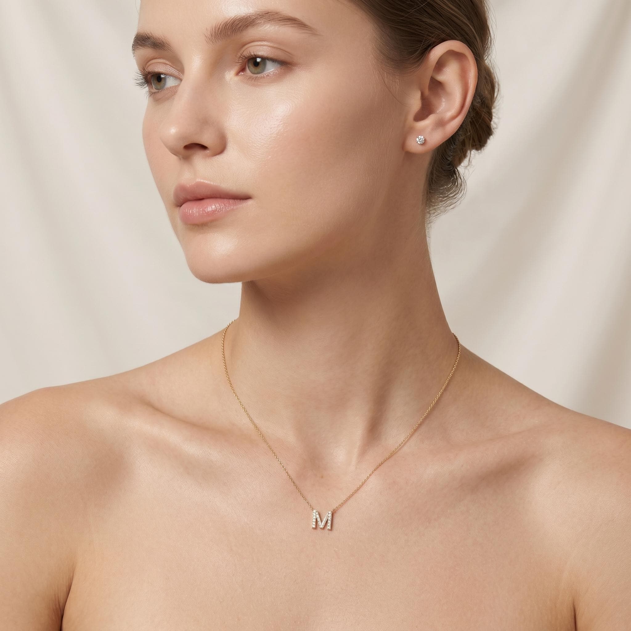 Round Diamond Pave 14K Dainty Solid Gold Initial Letter Necklace Pendant