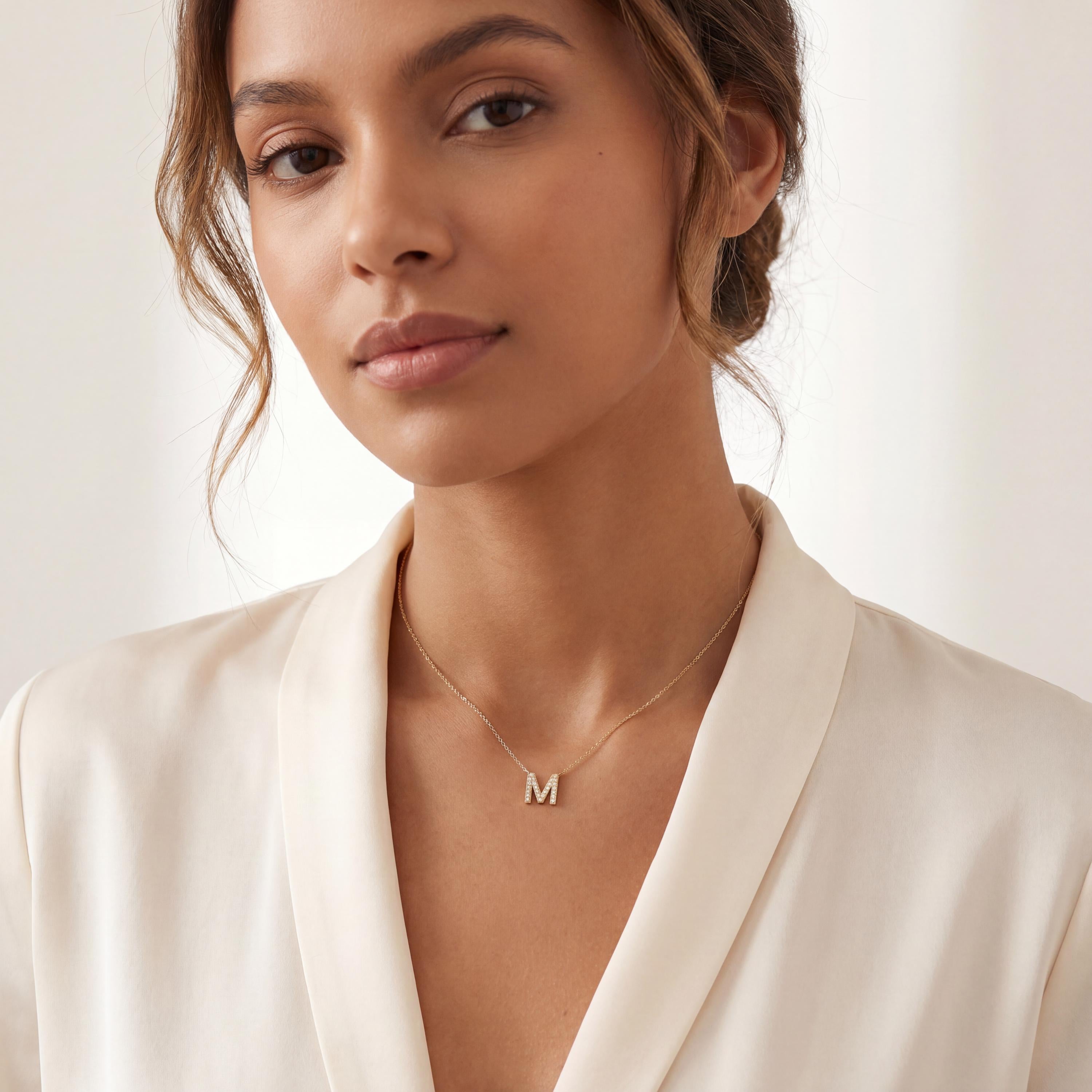 Round Diamond Pave 14K Dainty Solid Gold Initial Letter Necklace Pendant