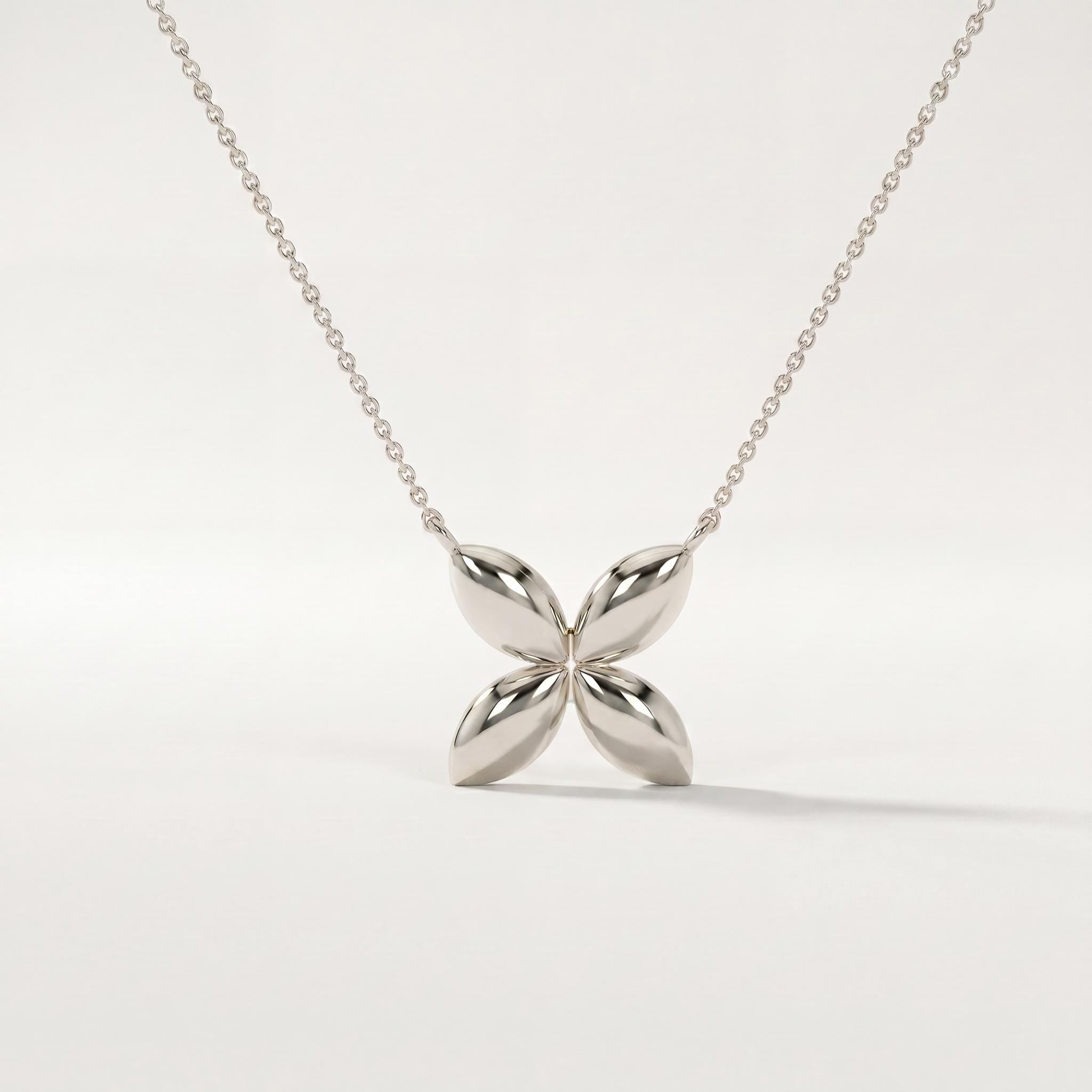 Dainty Four Petal Flower 14K Solid Gold Pendant Necklace