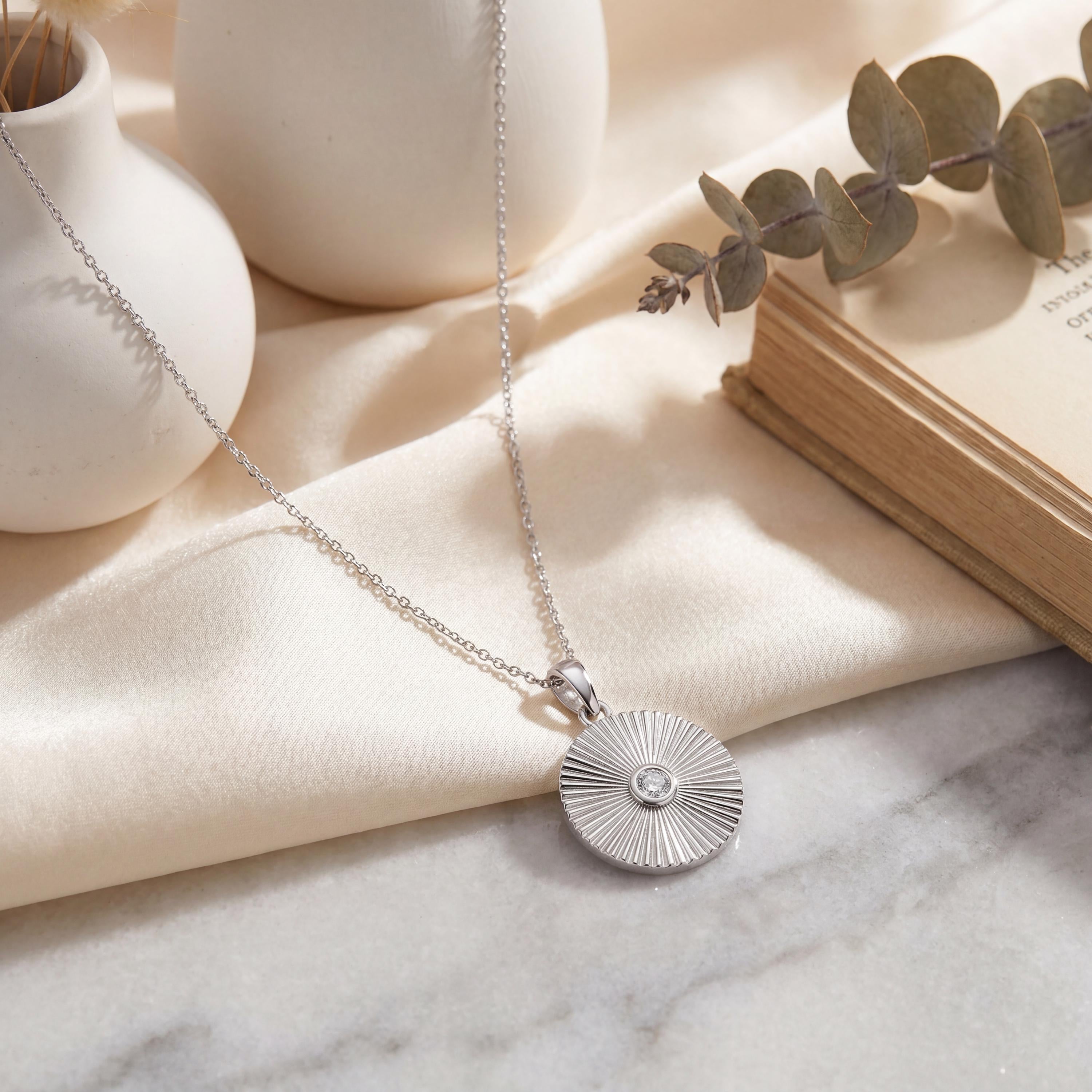 Diamond Fluted Circle Dainty Sun Burst 14K Solid Gold Pendant Necklace